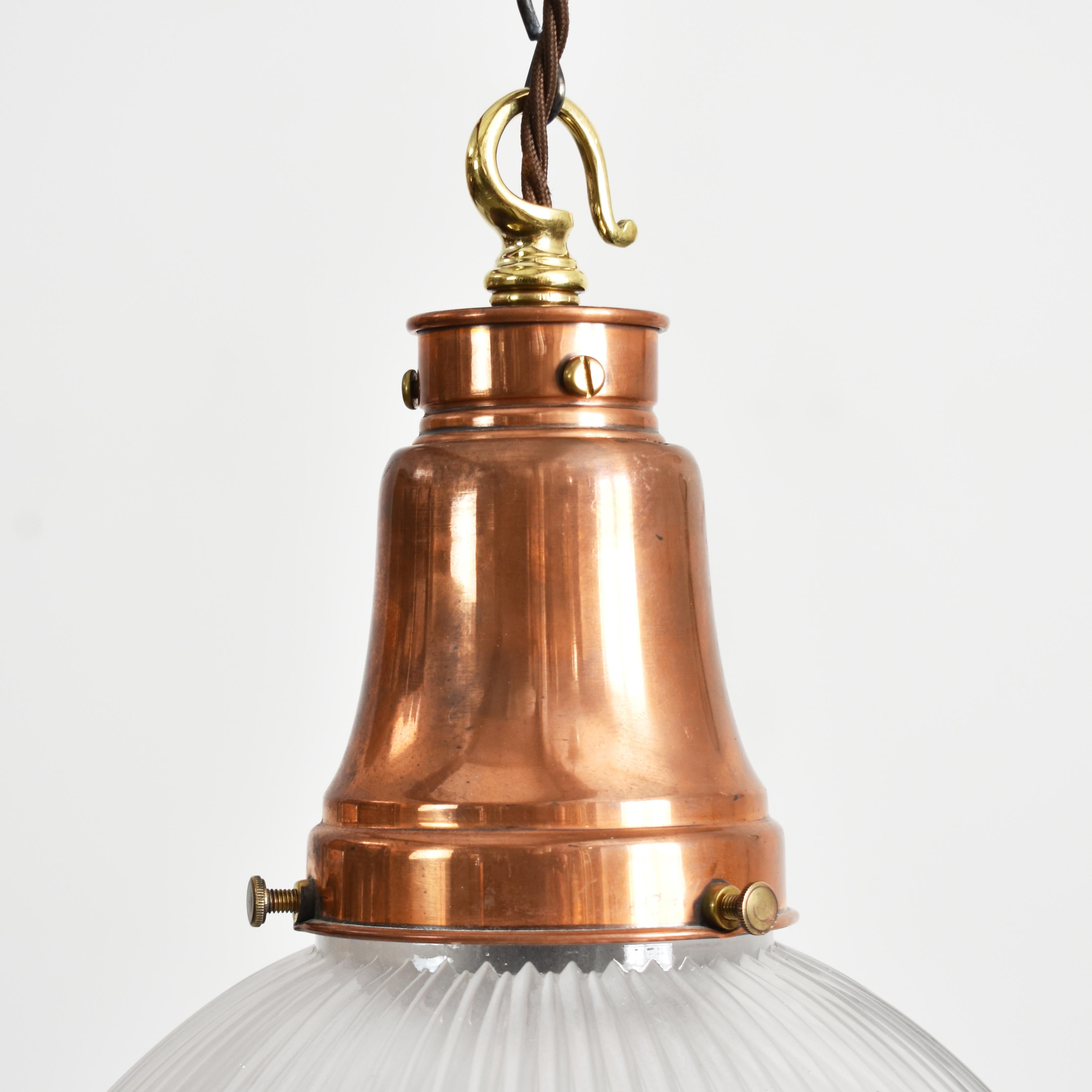 British Antique Holophane Prismatic Glass Brass Church Pendant Light For Sale