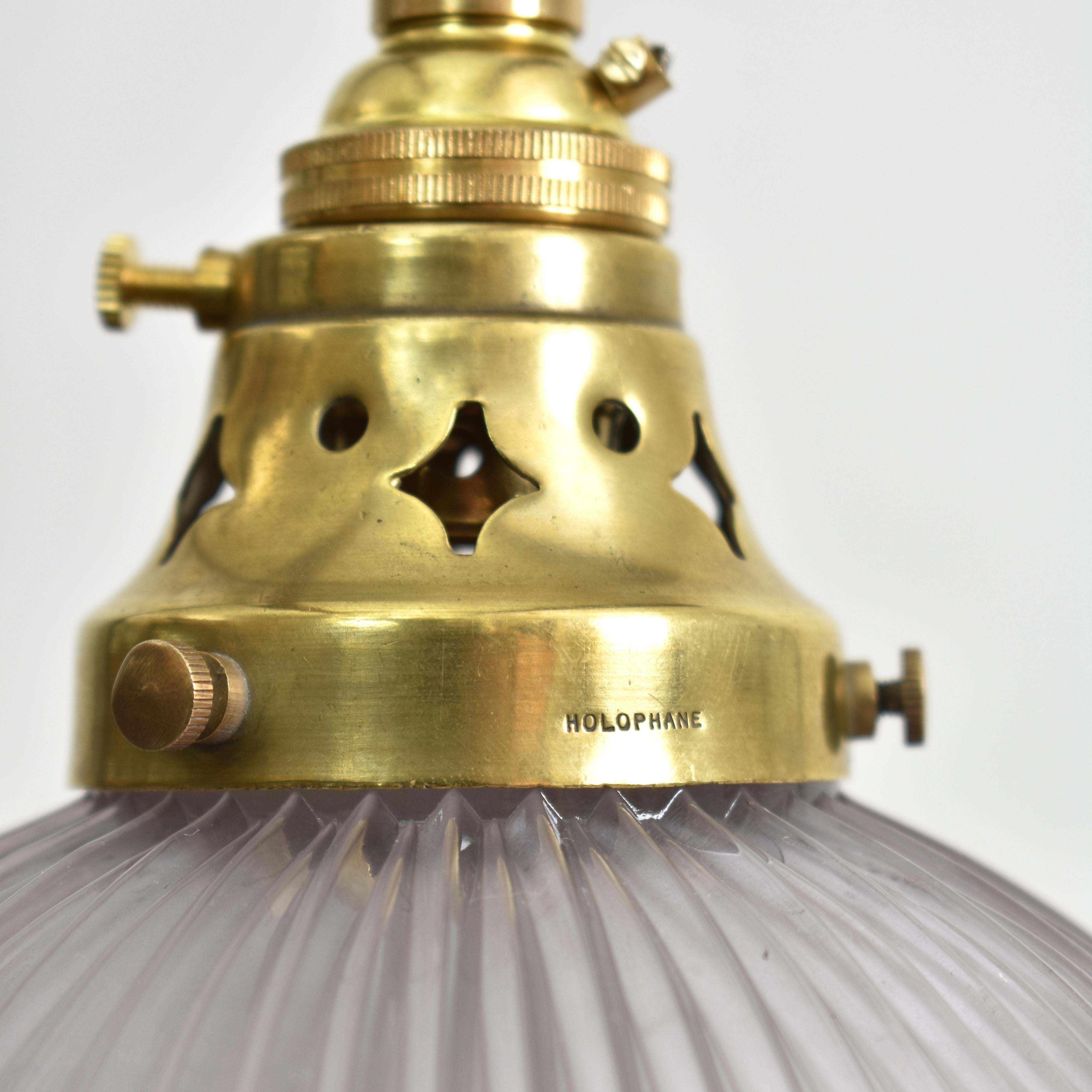 British Antique Holophane Prismatic Glass Brass Church Pendant Light For Sale