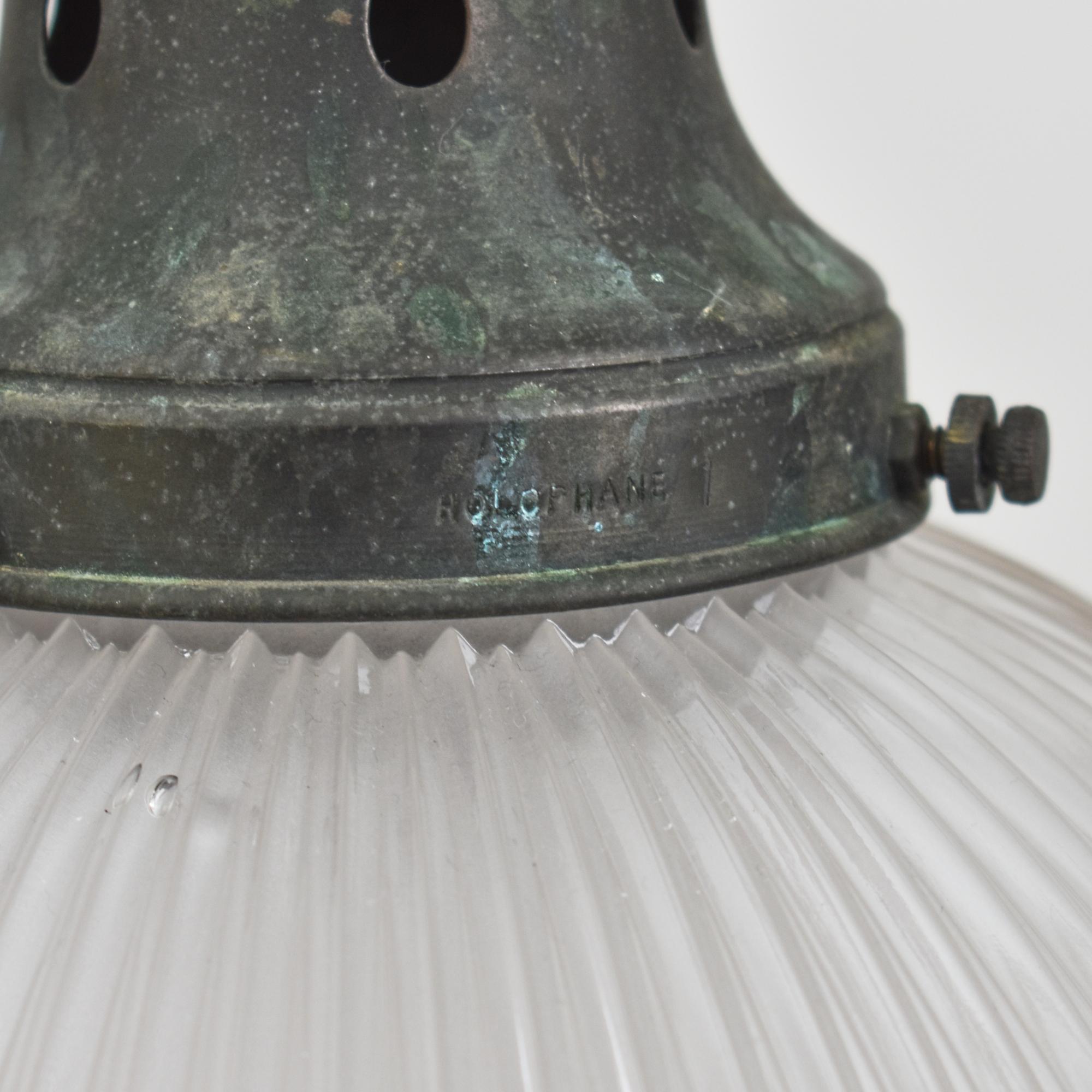 British Antique Holophane Prismatic Glass Brass Church Pendant Light For Sale
