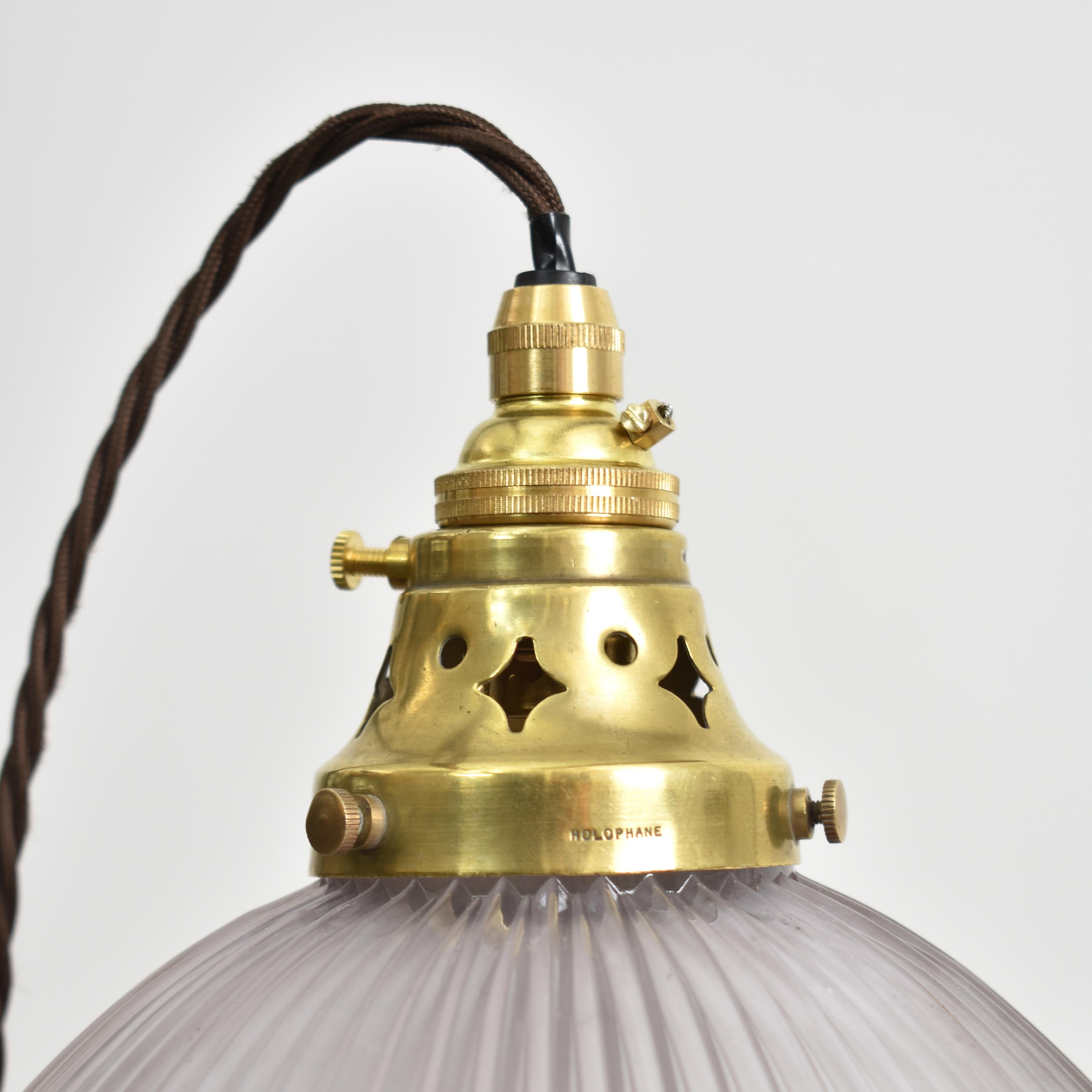 Antique Holophane Prismatic Glass Brass Church Pendant Light In Good Condition For Sale In Stockbridge, GB