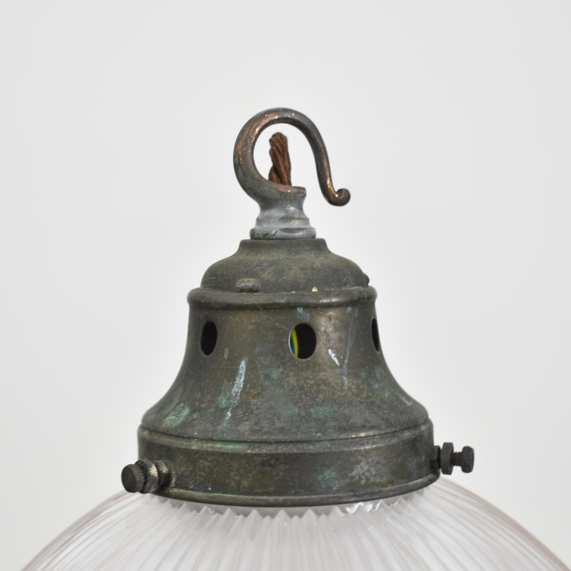 Antique Holophane Prismatic Glass Brass Church Pendant Light In Good Condition For Sale In Stockbridge, GB