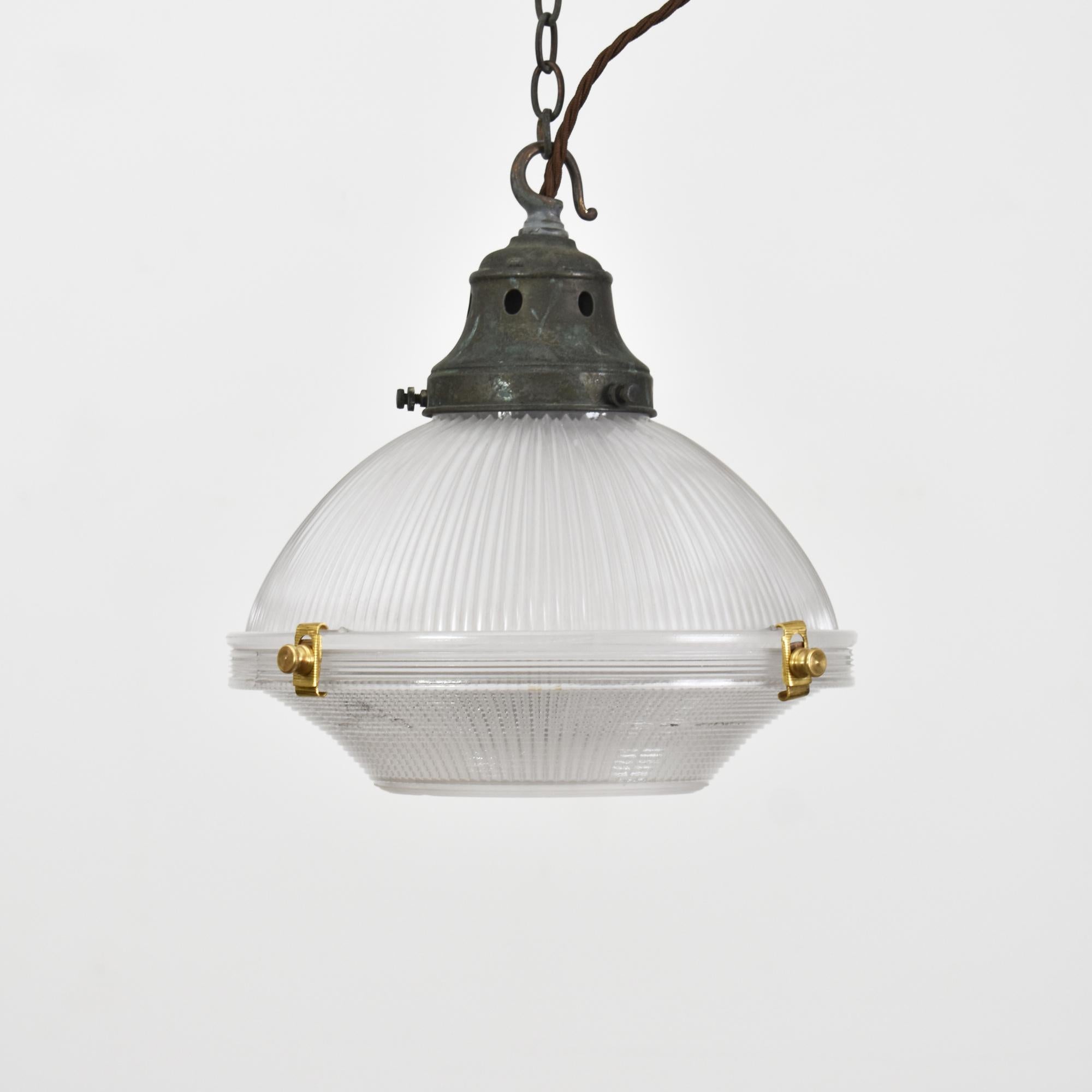 20th Century Antique Holophane Prismatic Glass Brass Church Pendant Light For Sale