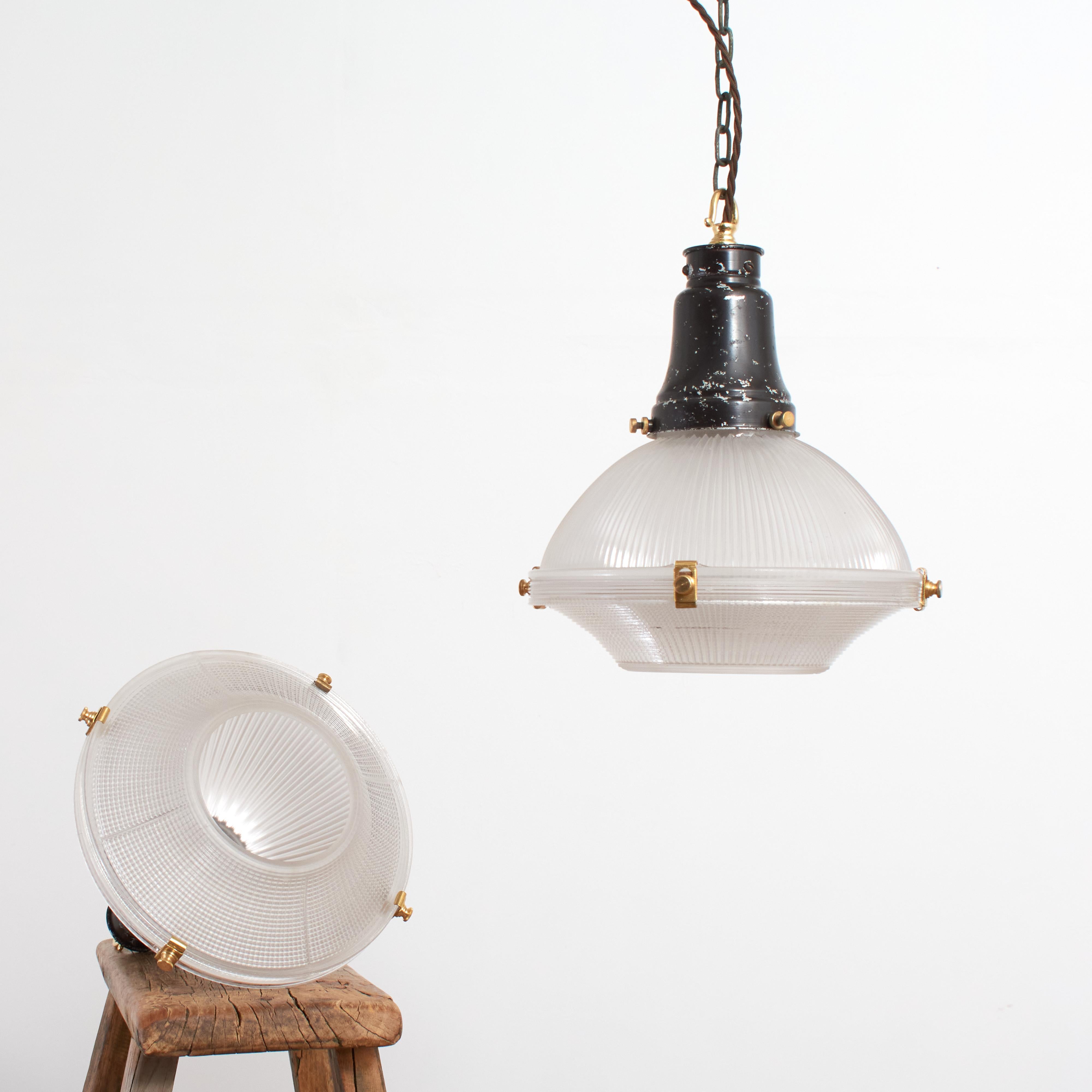 Antique Holophane Prismatic Glass Brass Church Pendant Light For Sale 1
