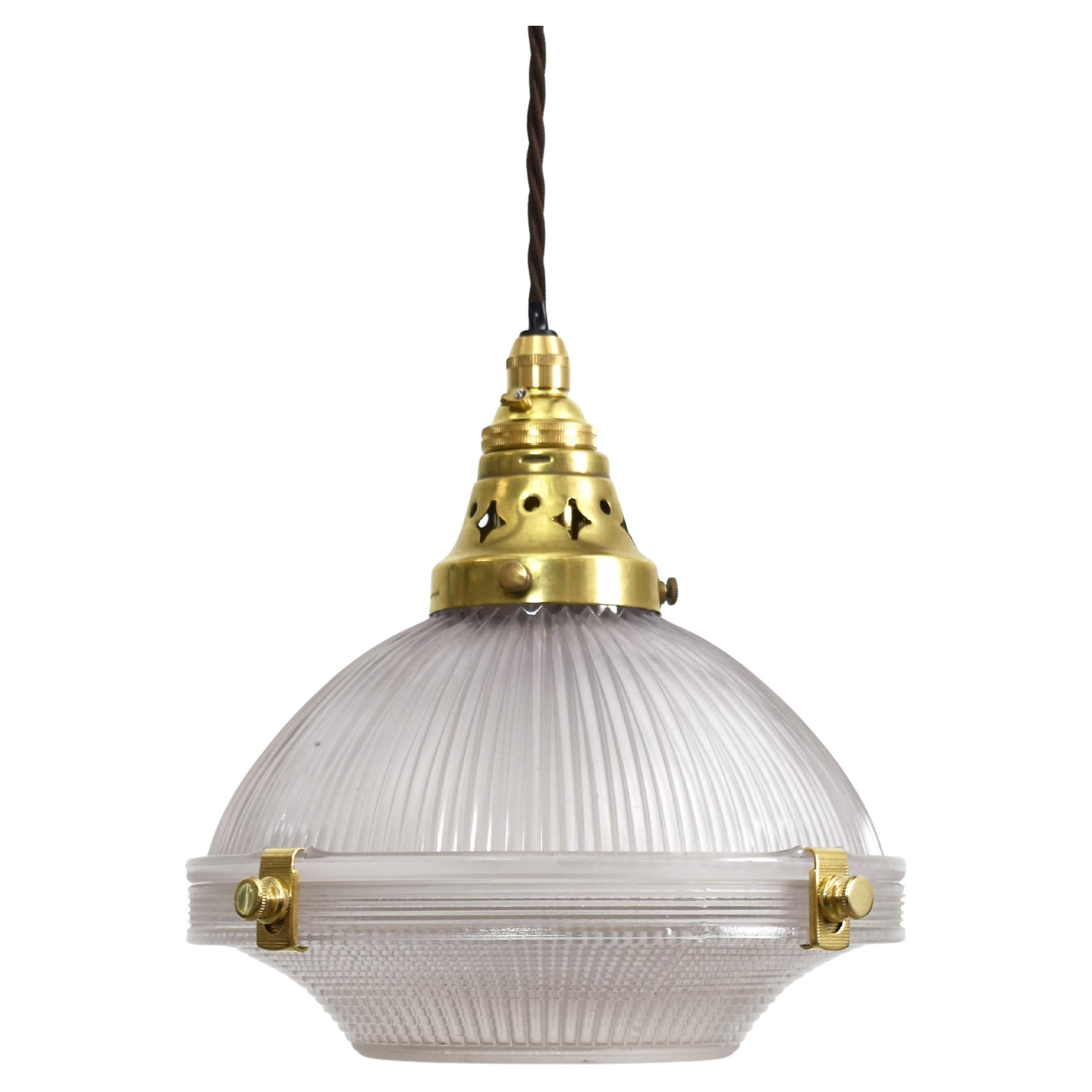 Antique Holophane Prismatic Glass Brass Church Pendant Light