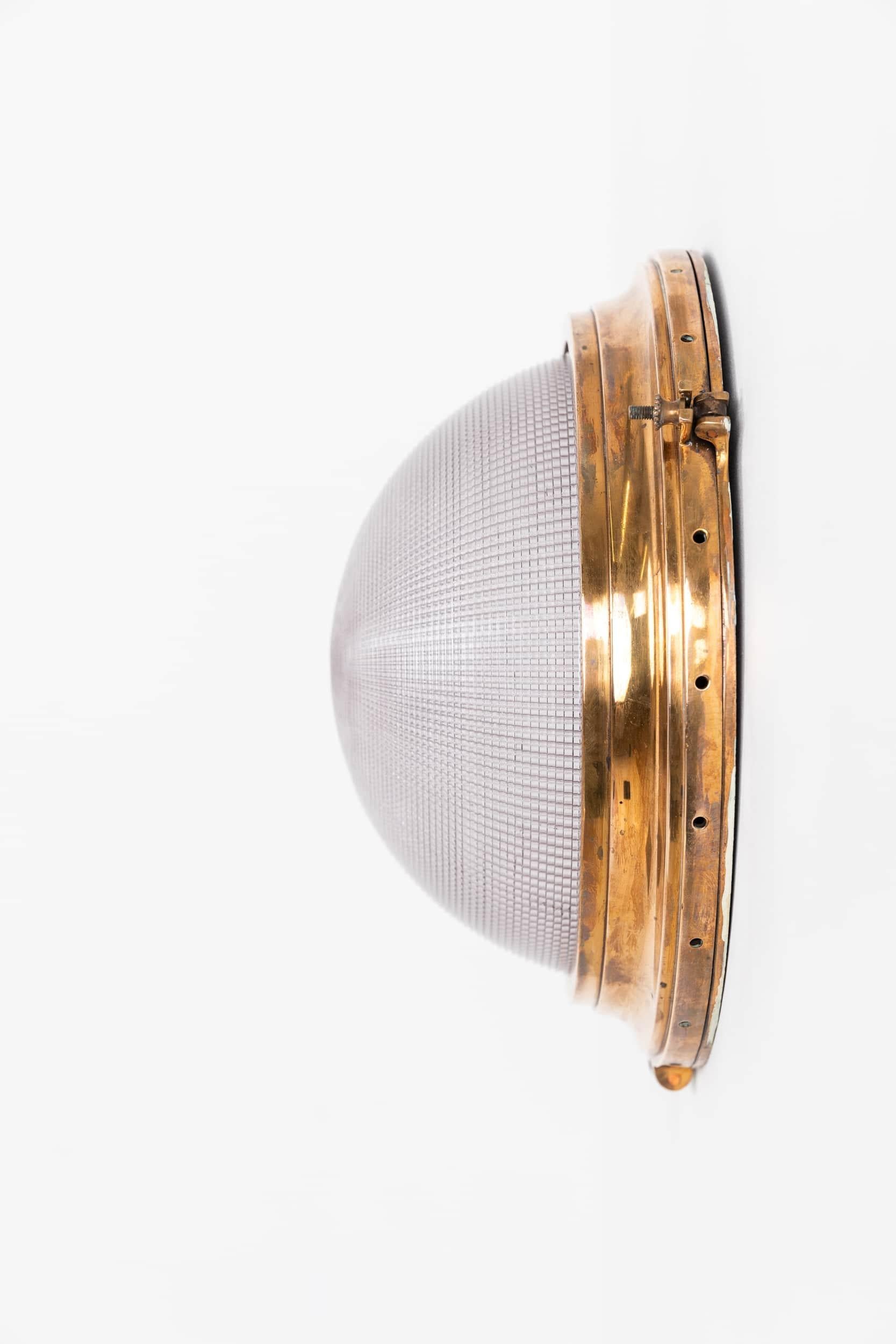 Mid-20th Century Antique Holophane Prismatic Glass Brass Flush Mounted Wall Sconce Lamp, c.1920