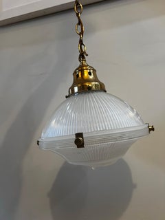 Antique Holophane Prismatic Glass Brass Pendant Light