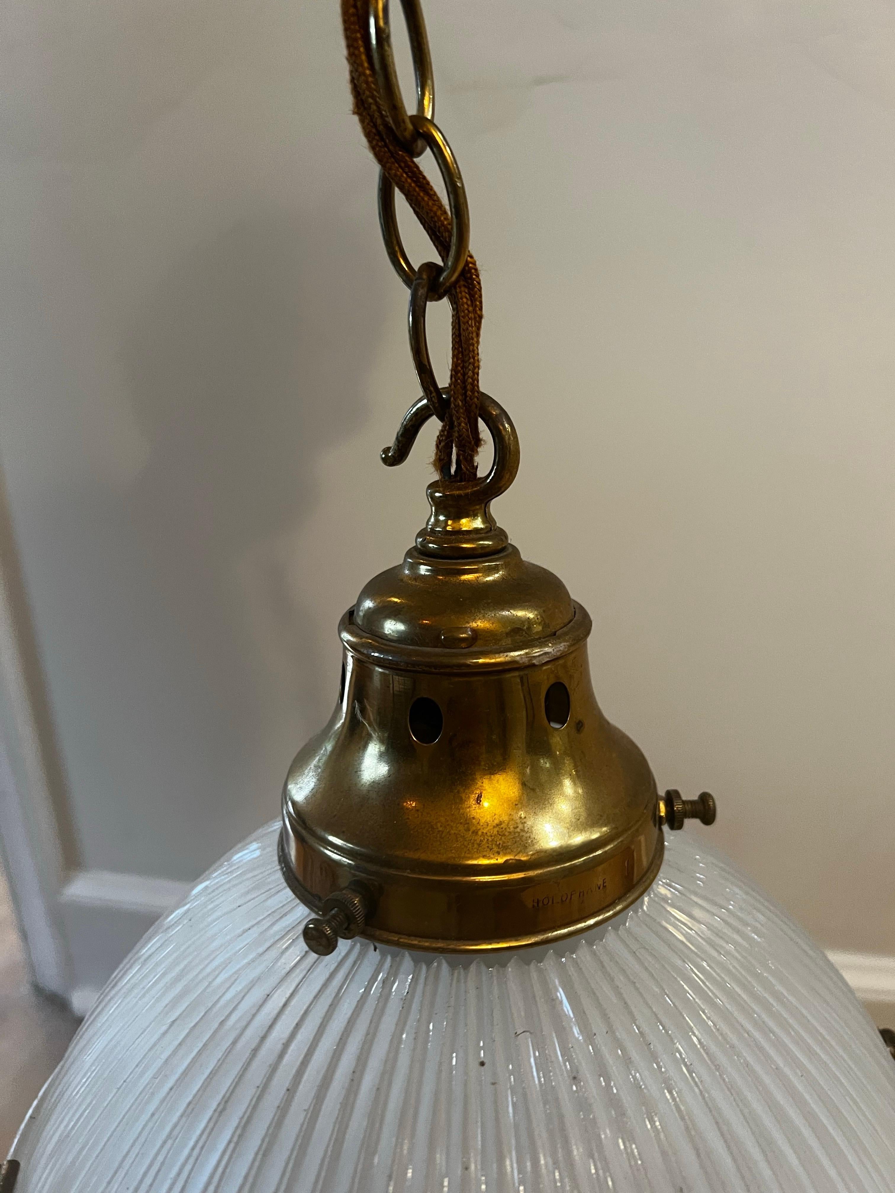 Industrial Antique Holophane Prismatic Glass Brass Pendant Light For Sale