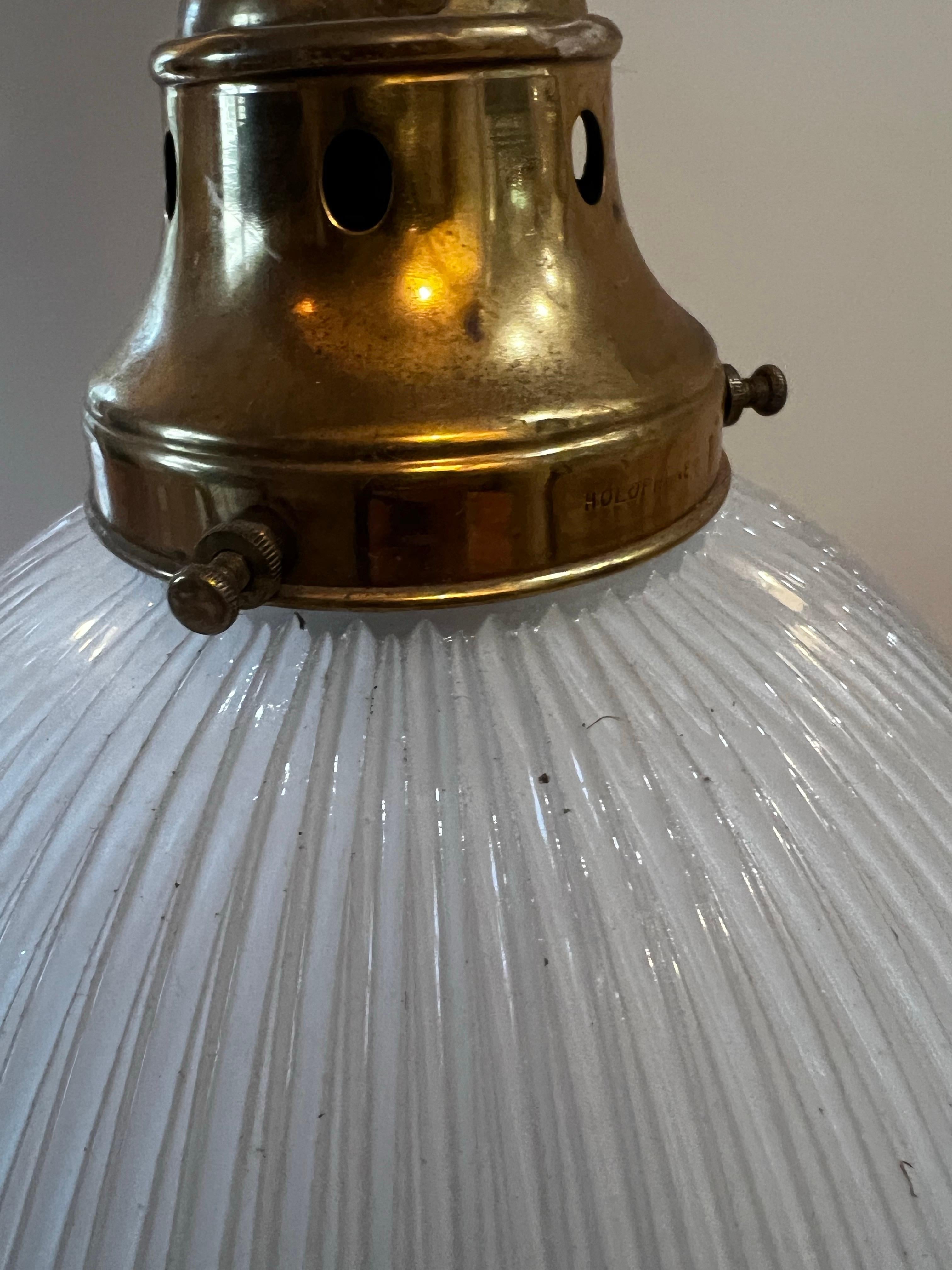 English Antique Holophane Prismatic Glass Brass Pendant Light For Sale