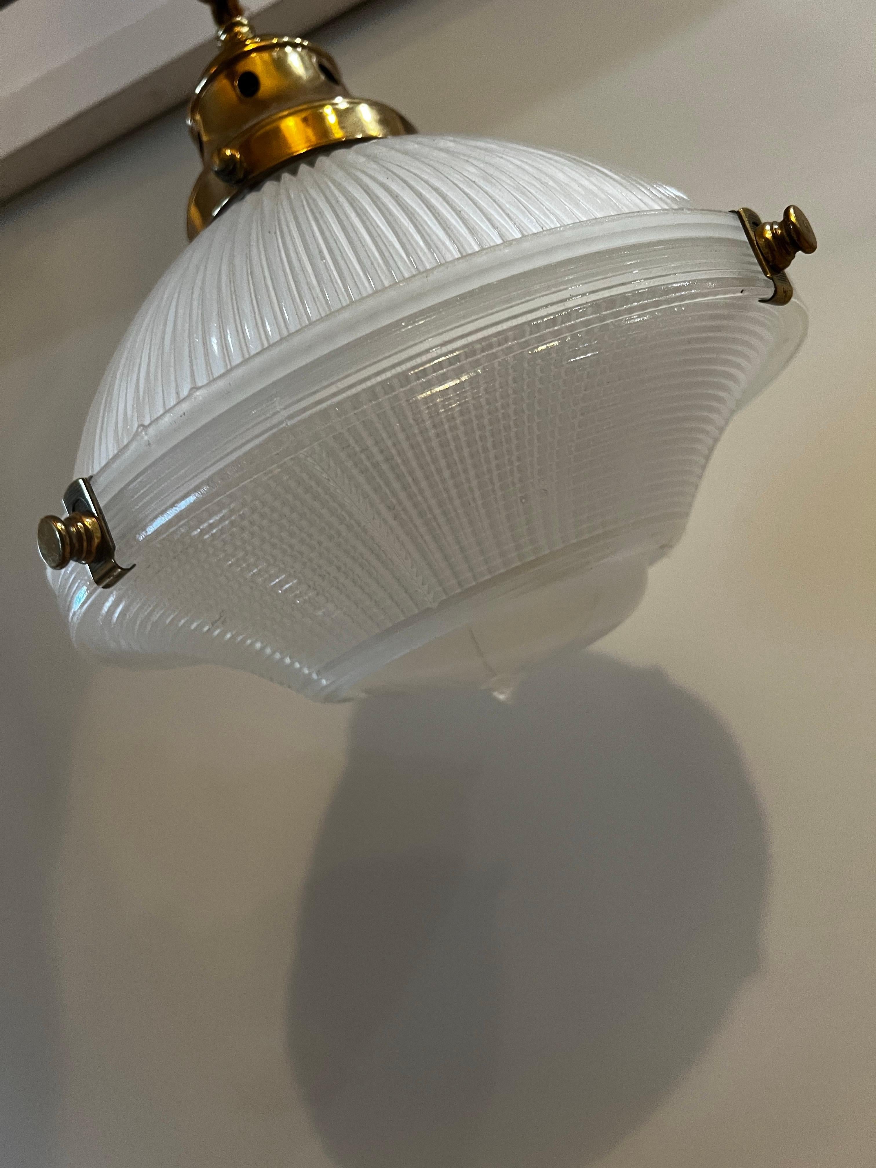 Antique Holophane Prismatic Glass Brass Pendant Light In Good Condition For Sale In Los Angeles, CA