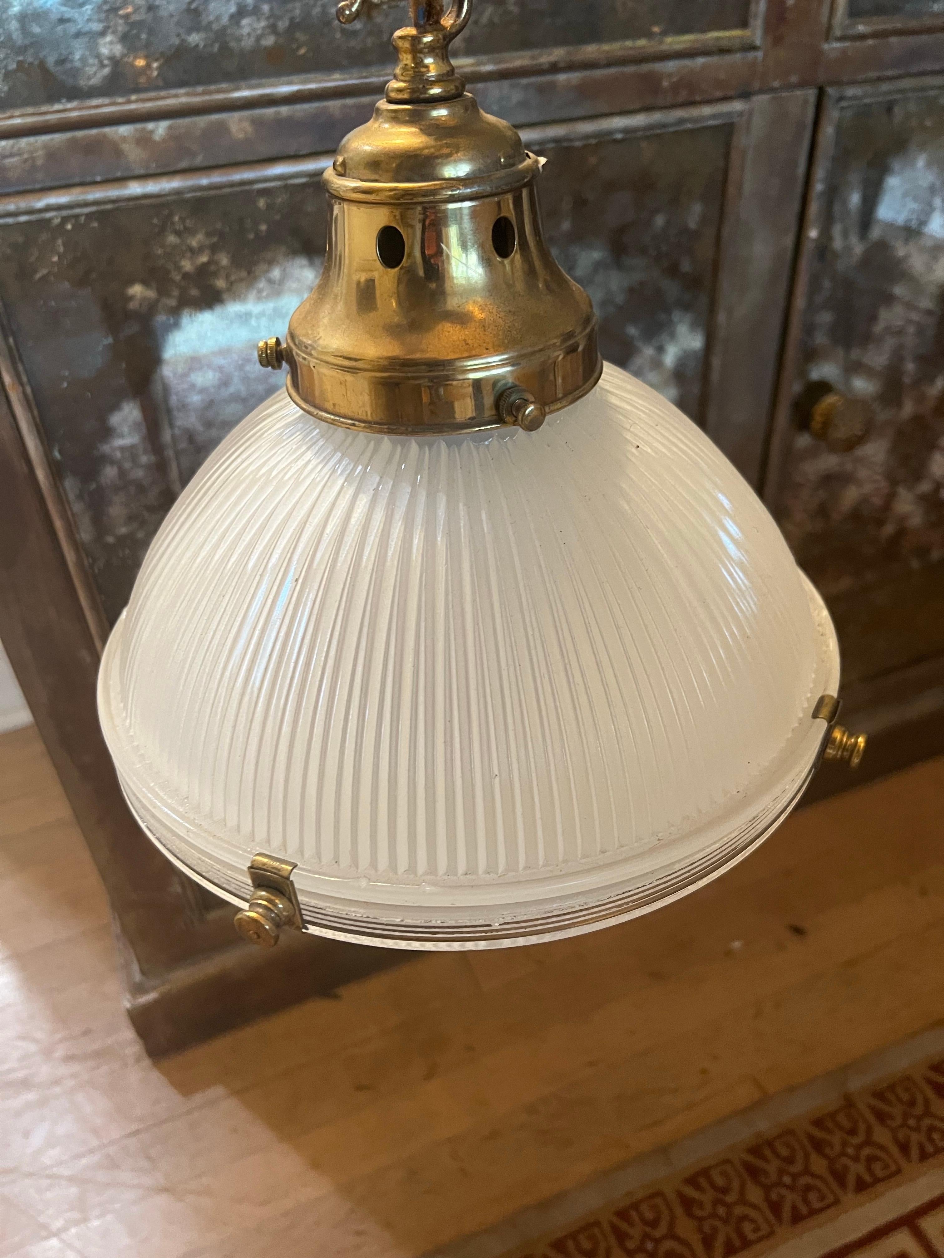 20th Century Antique Holophane Prismatic Glass Brass Pendant Light For Sale