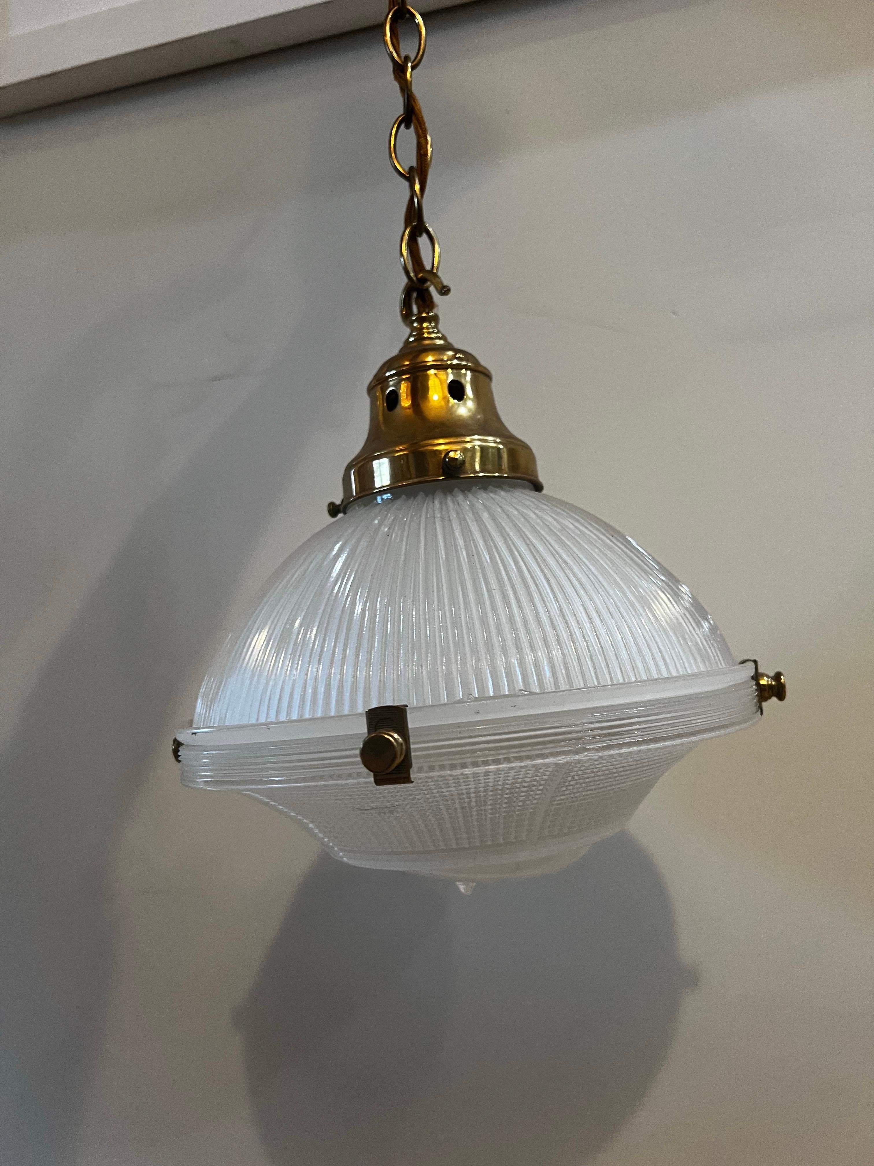 Antique Holophane Prismatic Glass Brass Pendant Light For Sale 1