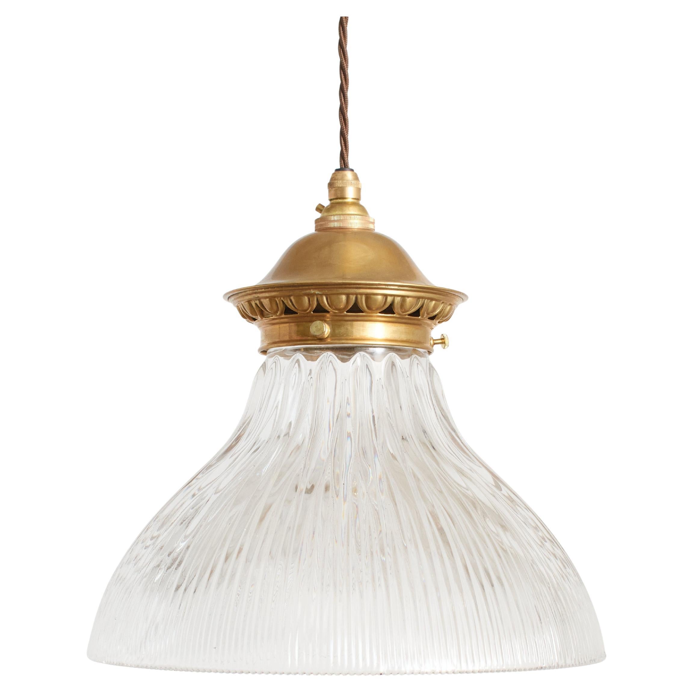 Antique Holophane Prismatic Glass Church Kitchen Brass Ceiling Pendant Light