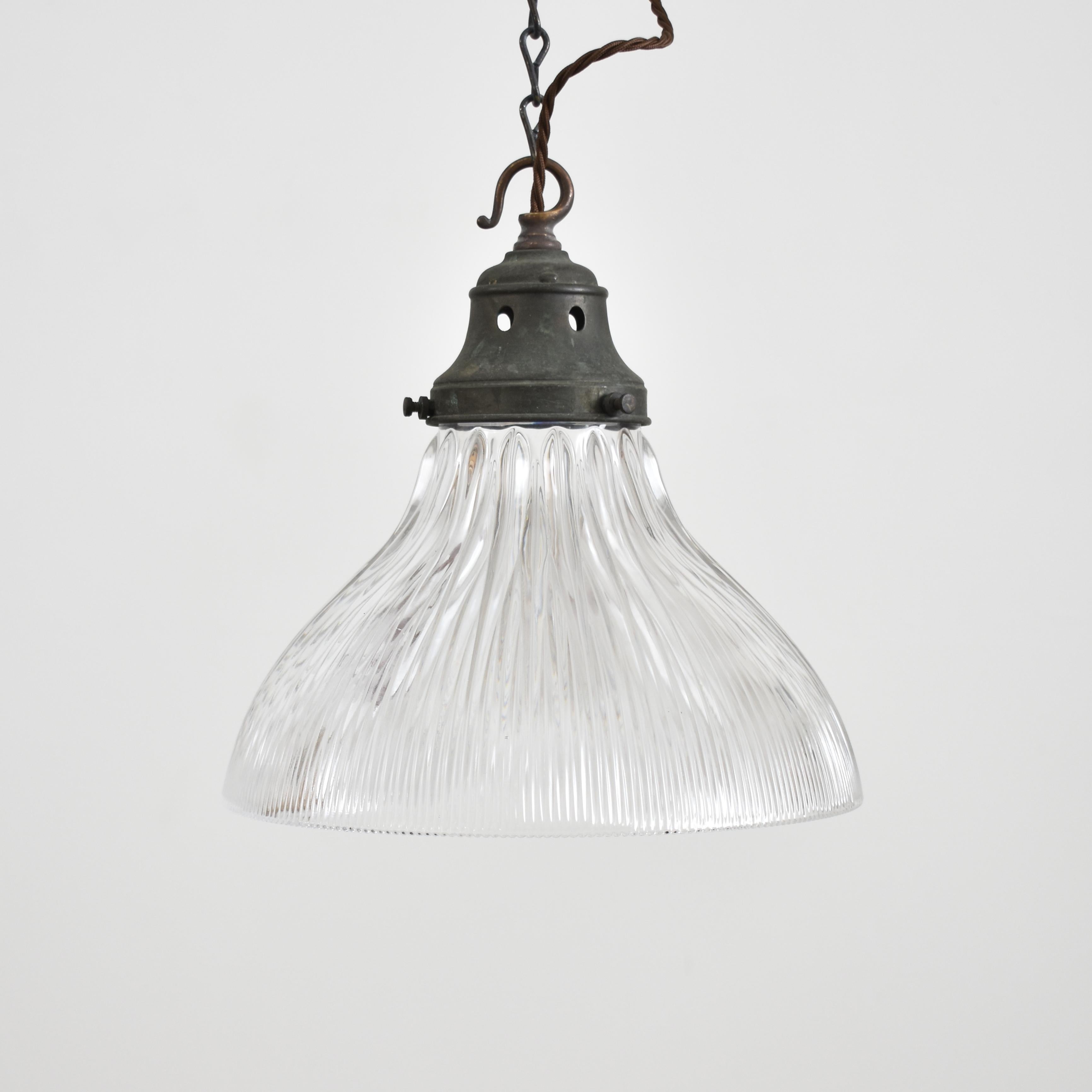 Aluminum Antique Holophane Prismatic Glass Church Pendant Light For Sale