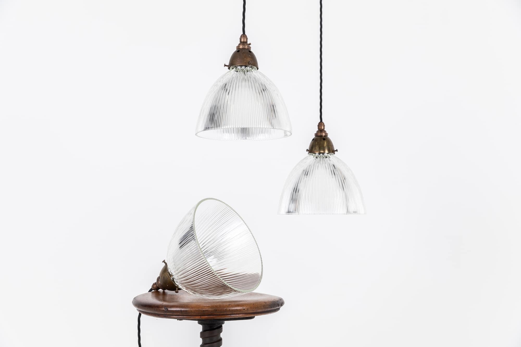 English Antique Holophane Prismatic Glass Pendant Lights with Brass Galleries. c.1930 For Sale