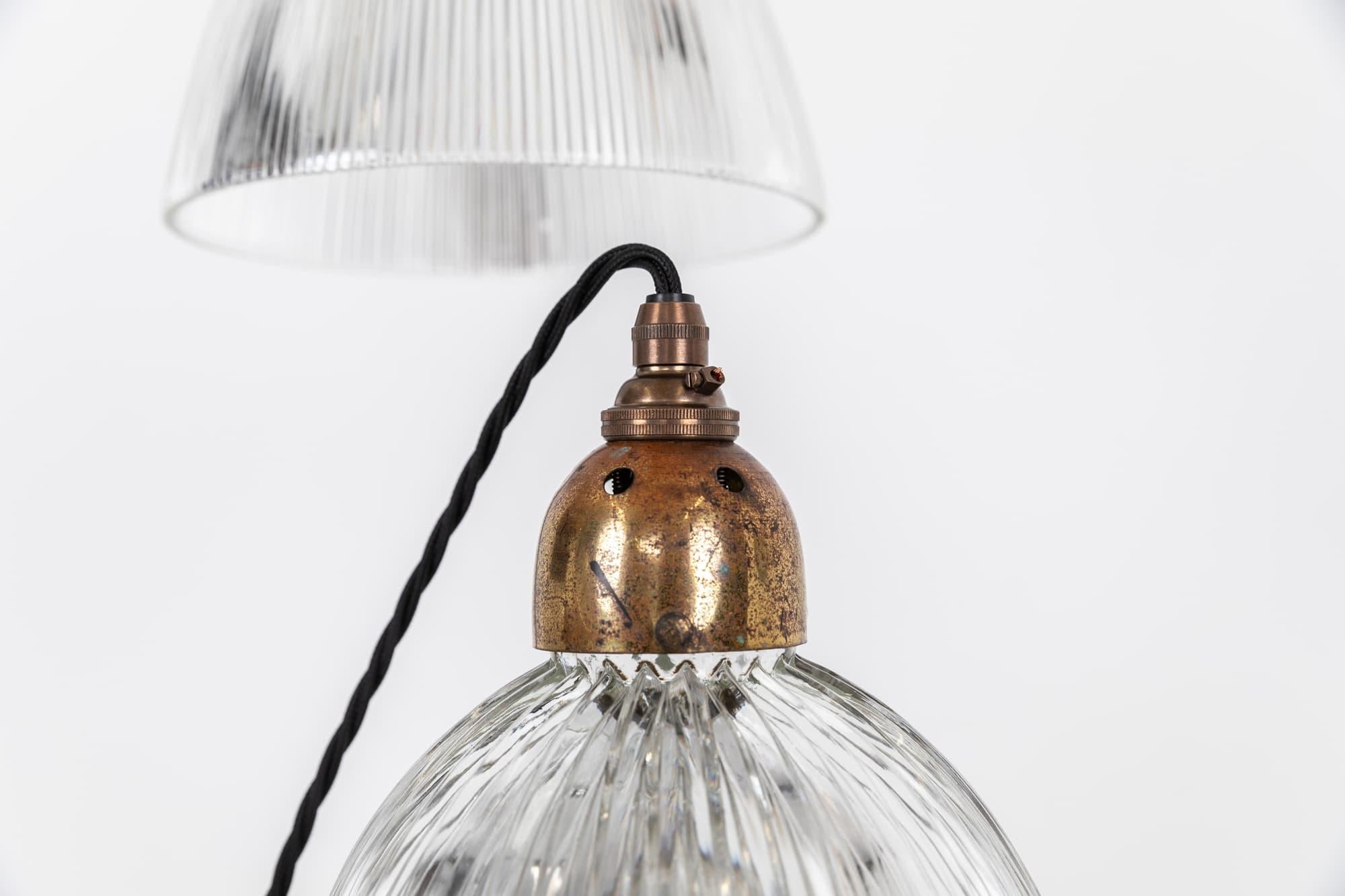Antique Holophane Prismatic Glass Pendant Lights with Brass Galleries. c.1930 In Fair Condition For Sale In London, GB