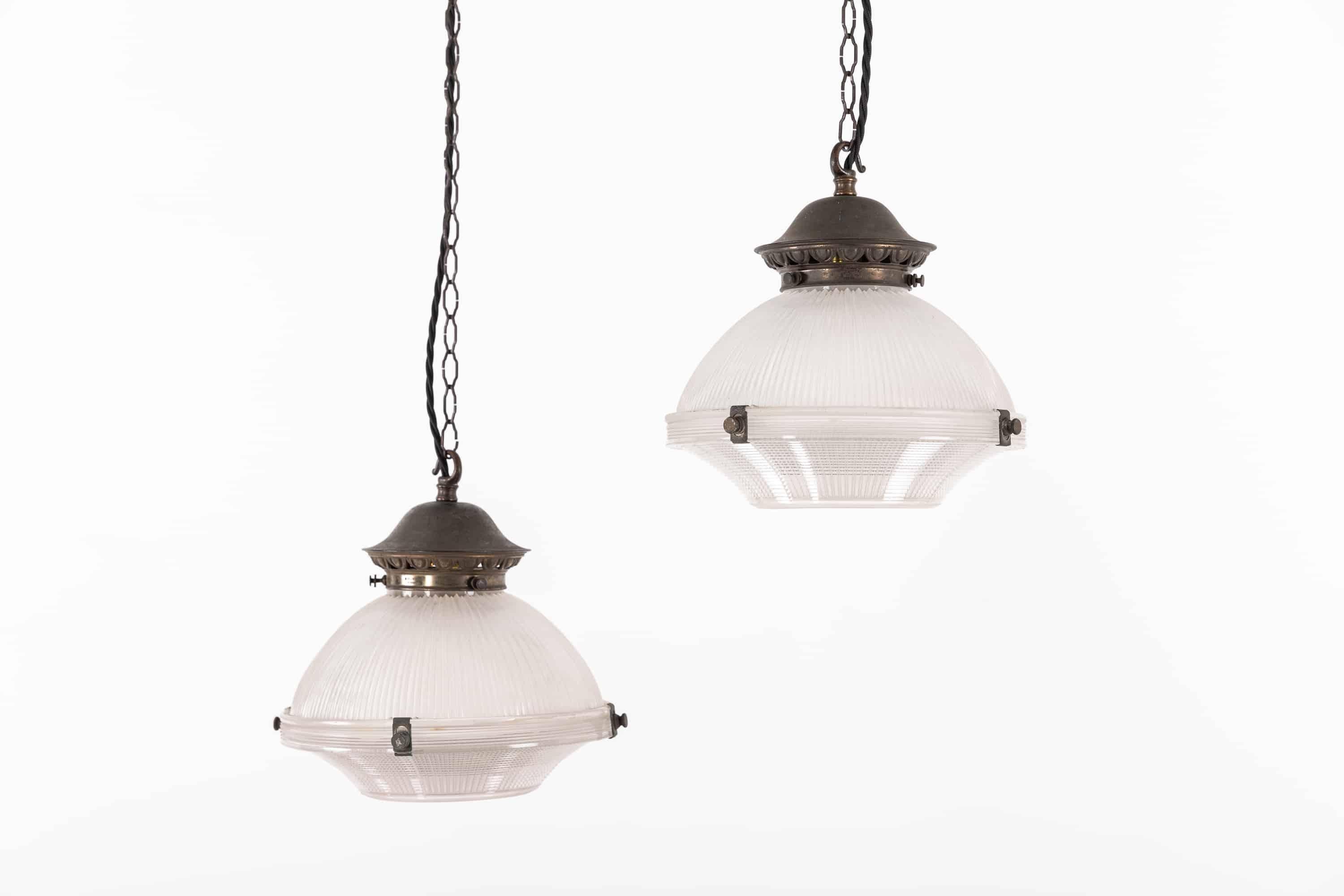 Art Deco Antique Holophane 'Reflector-Refractor' Prismatic Glass Pendant Lamps circa 1920