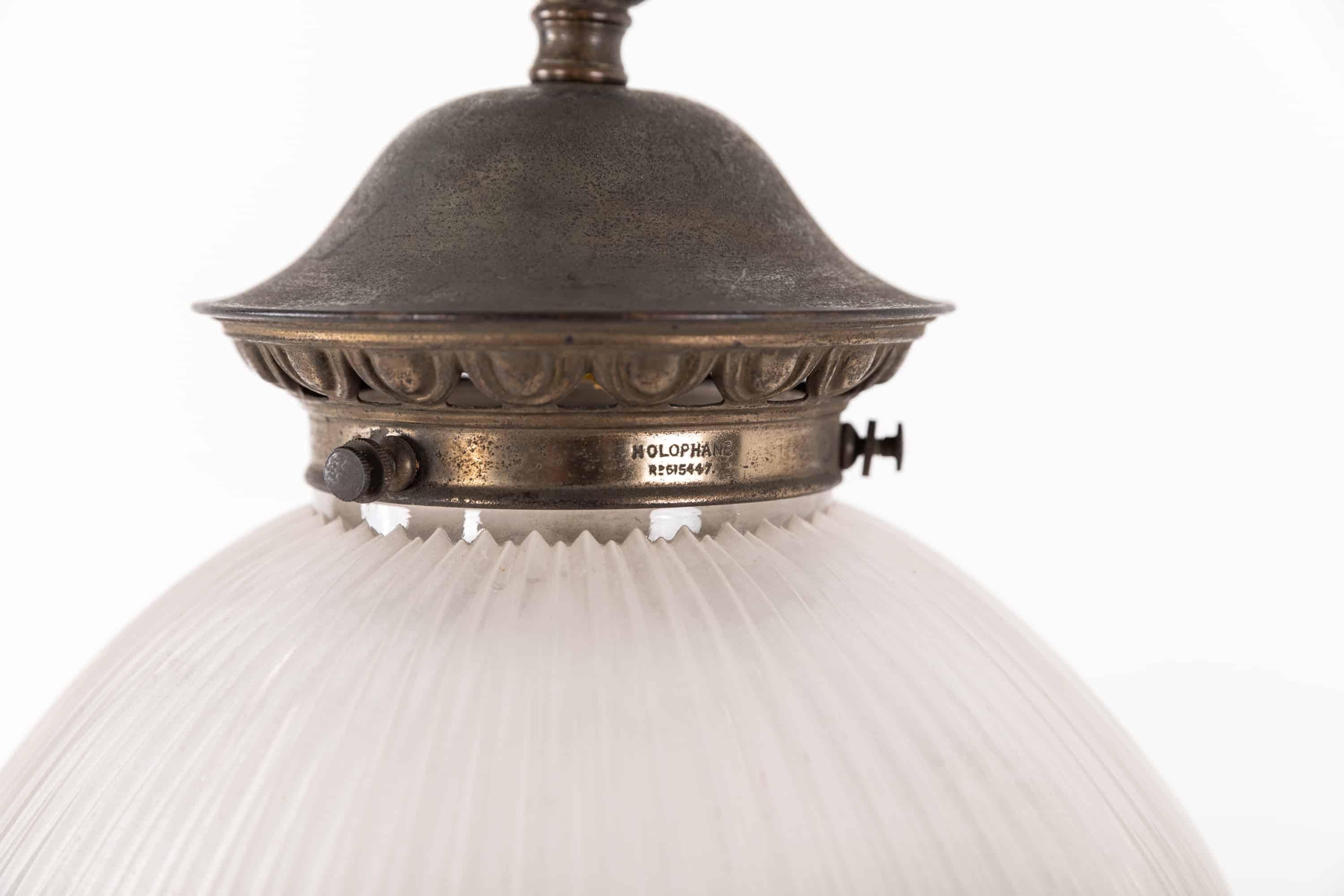 Pressed Antique Holophane 'Reflector-Refractor' Prismatic Glass Pendant Lamps circa 1920