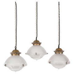 Antique Holophane 'Reflector-Refractor' Prismatic Glass Pendant Lamps, c.1920