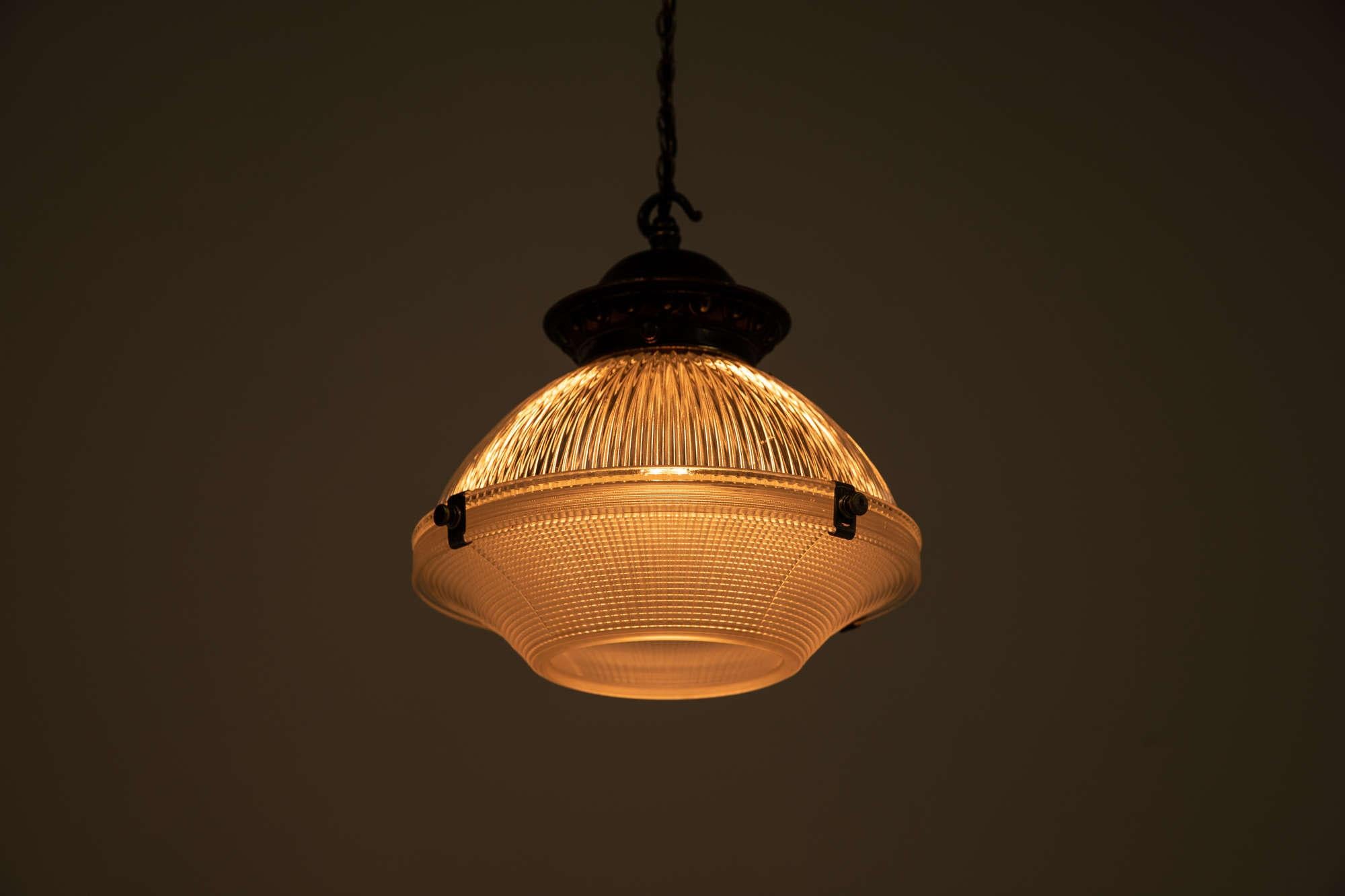 Antique Holophane 'Reflector-Refractor' Prismatic Glass Pendant Light. 1920 In Good Condition In London, GB
