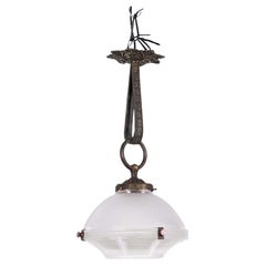 Antique Holophane 'Reflector-Refractor' Prismatic Glass Pendant Light. 1920