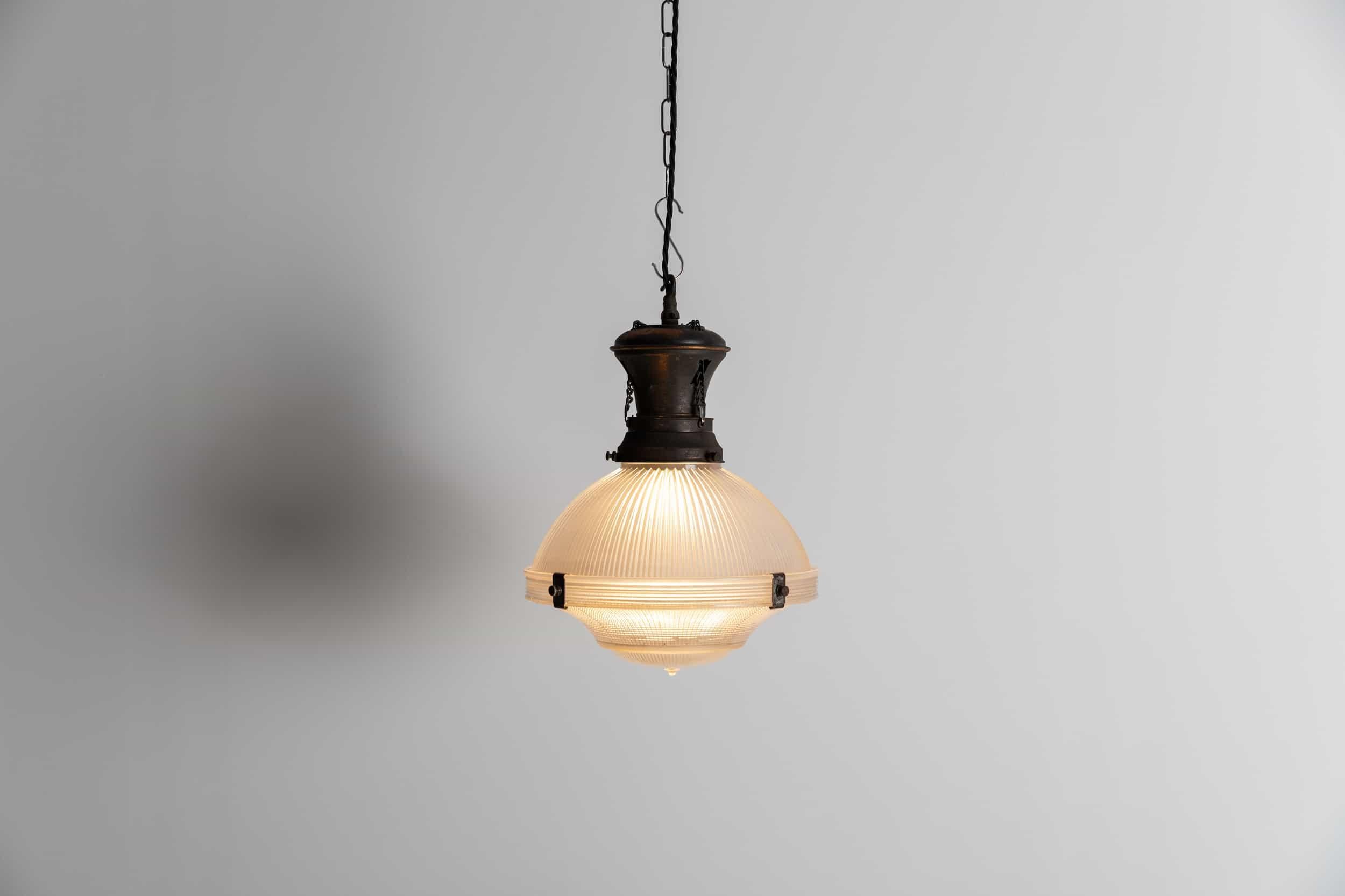 Antique Holophane 'Reflector-Refractor' Prismatic Glass Pendant Light, c.1920 In Good Condition In London, GB