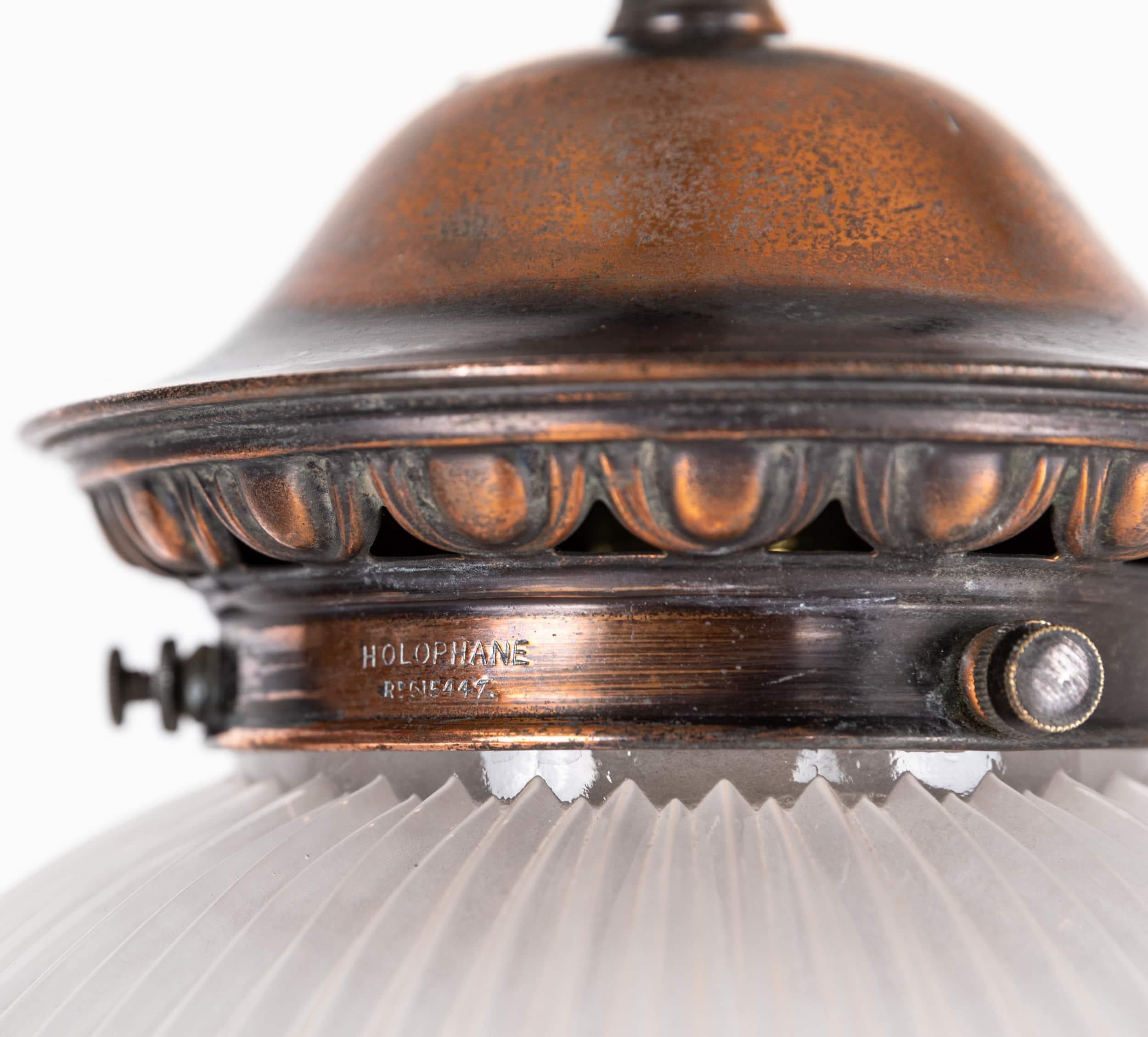 Art Deco Antique Holophane 'Reflector-Refractor' Prismatic Glass Pendant Light Lamp. 1920