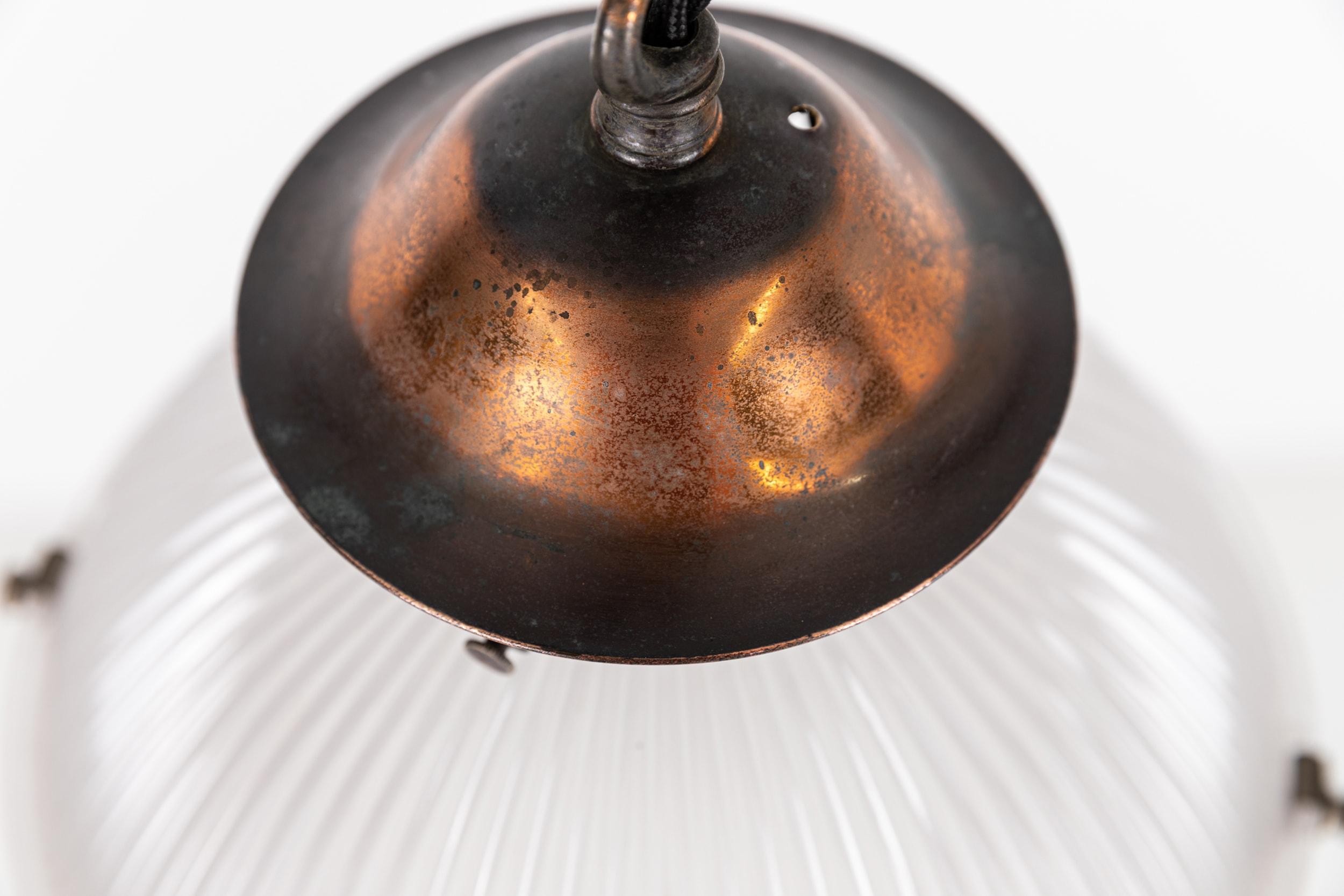 English Antique Holophane 'Reflector-Refractor' Prismatic Glass Pendant Light Lamp. 1920