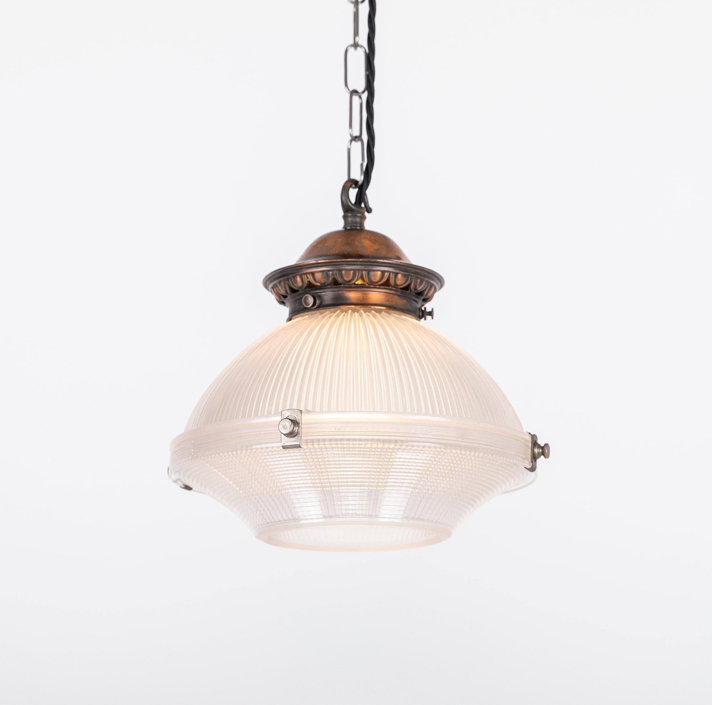 Pressed Antique Holophane 'Reflector-Refractor' Prismatic Glass Pendant Light Lamp. 1920