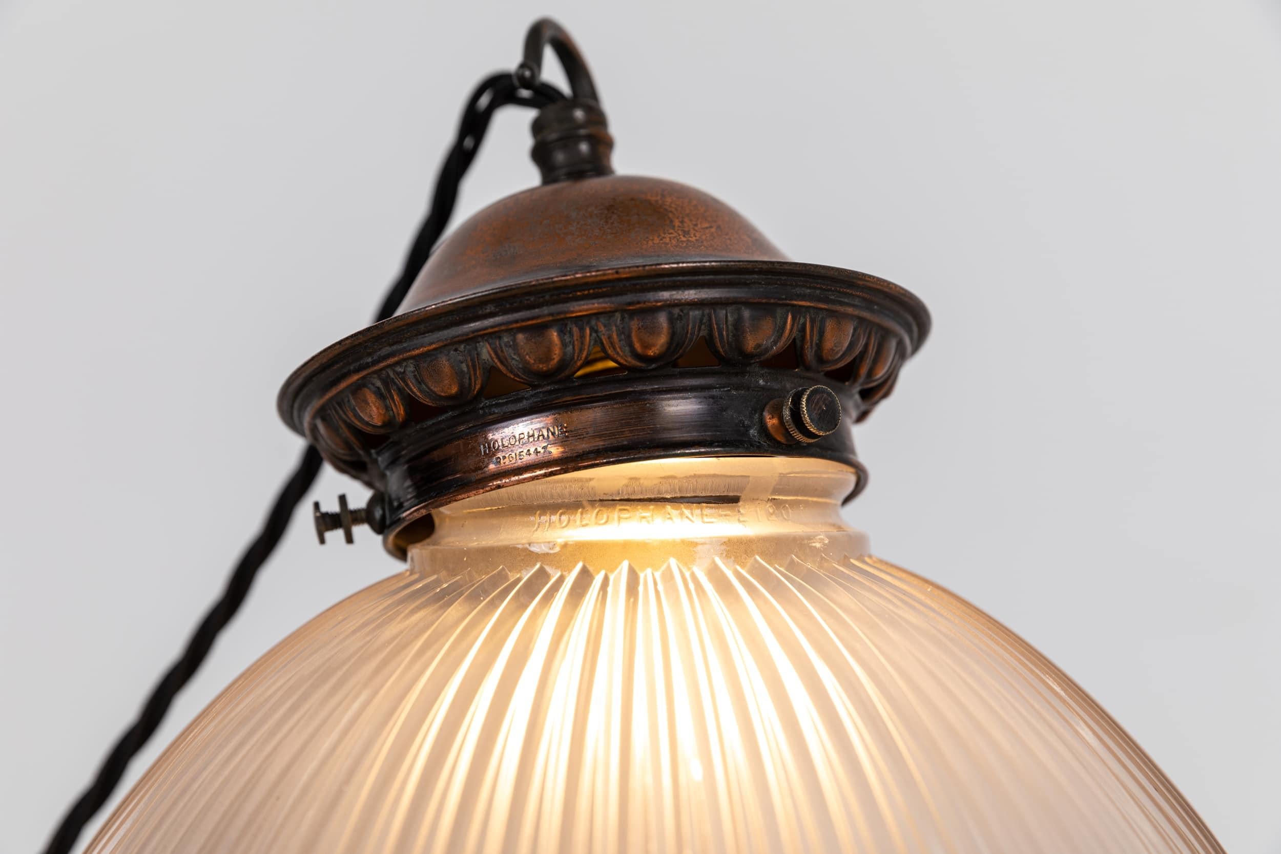 Early 20th Century Antique Holophane 'Reflector-Refractor' Prismatic Glass Pendant Light Lamp. 1920