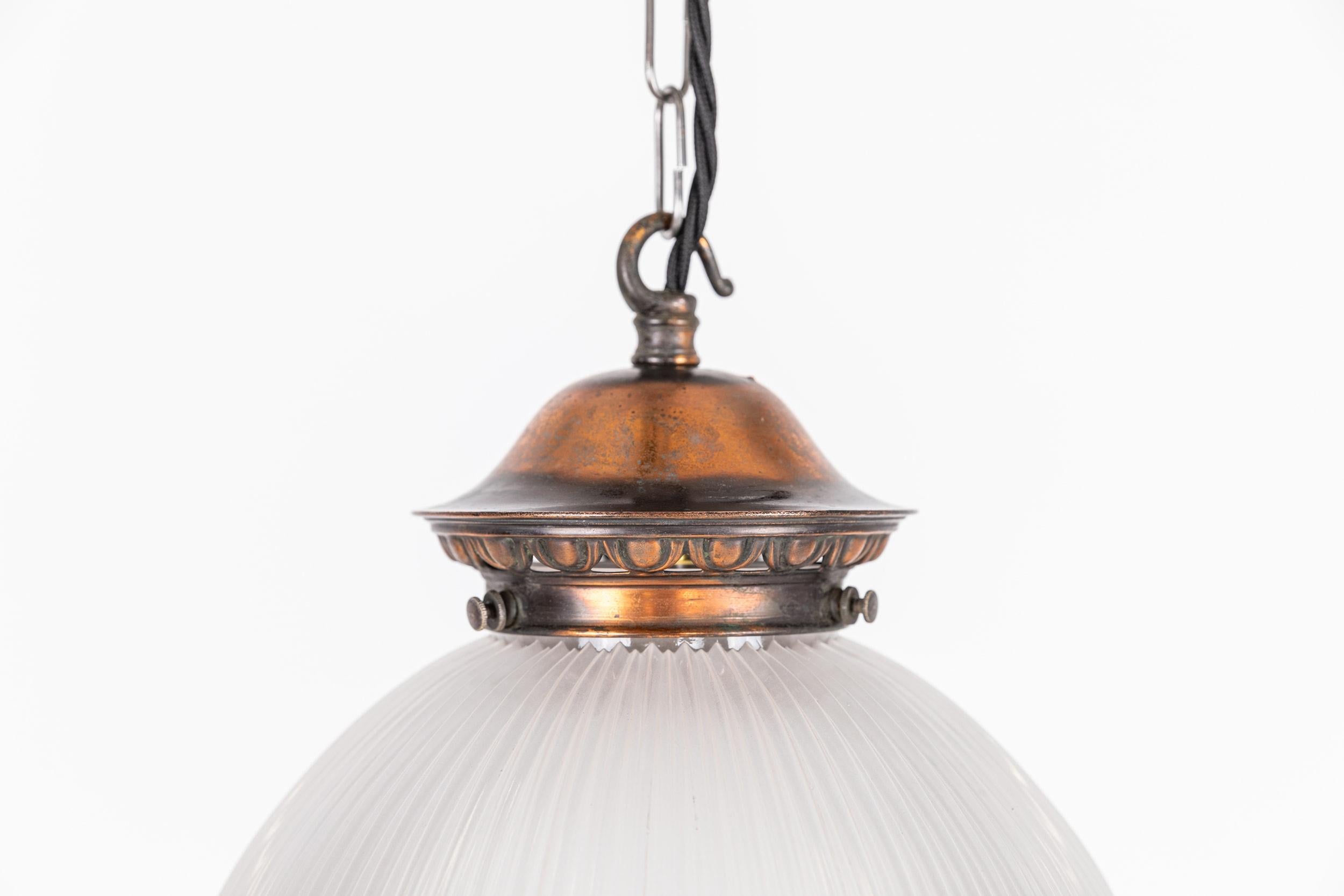 Brass Antique Holophane 'Reflector-Refractor' Prismatic Glass Pendant Light Lamp. 1920