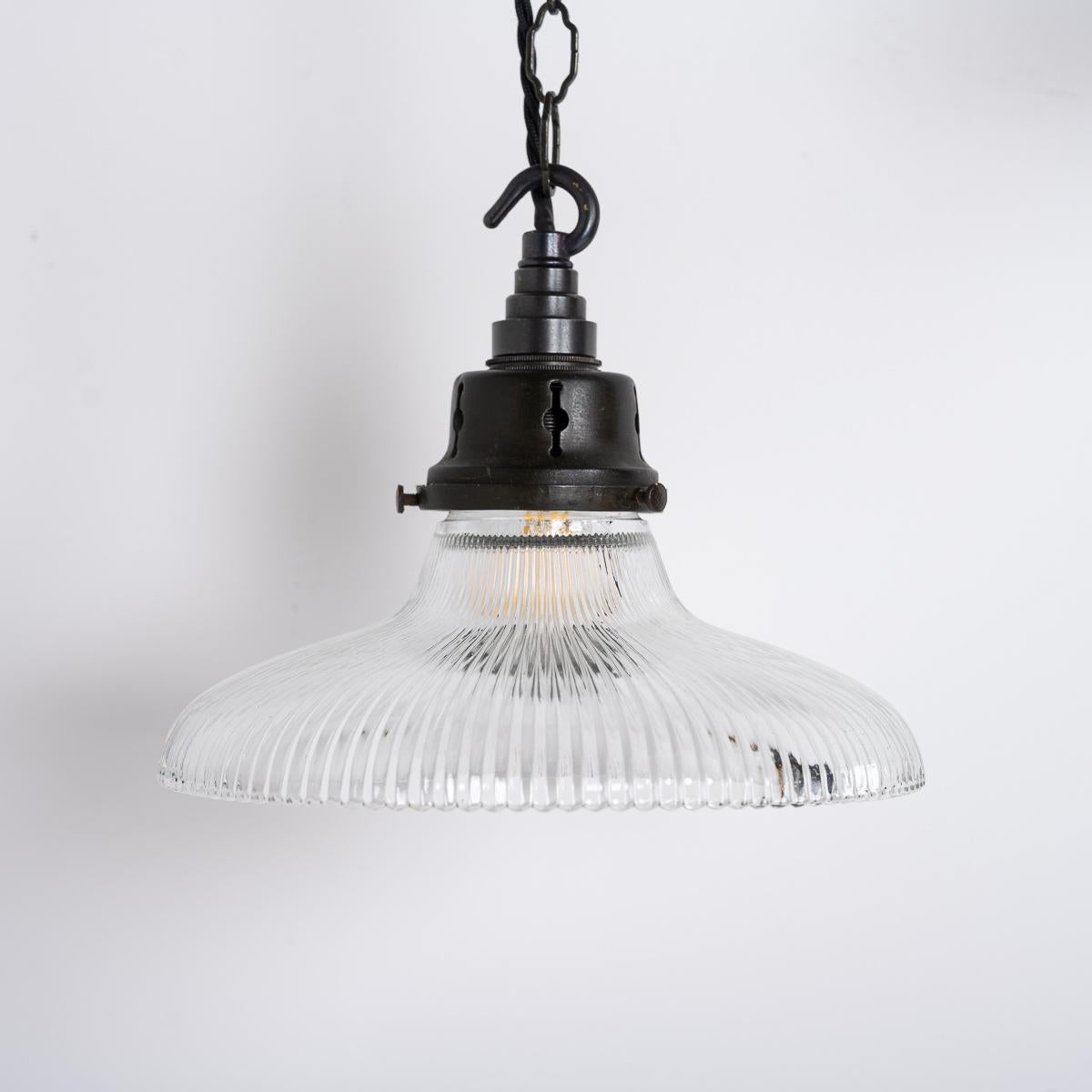 English Antique Holophane Small Pagoda Prismatic Glass Pendant Lights