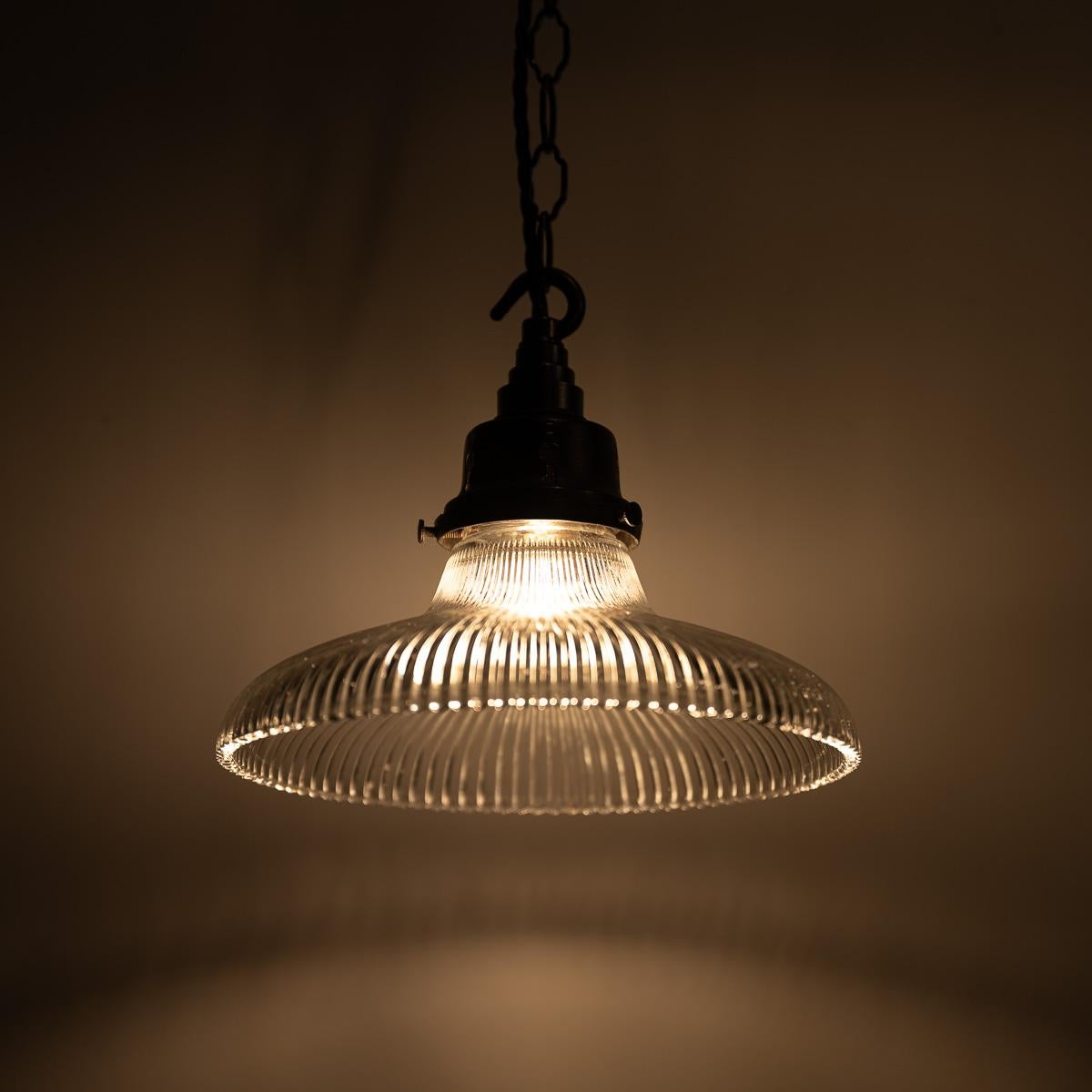 Hand-Crafted Antique Holophane Small Pagoda Prismatic Glass Pendant Lights