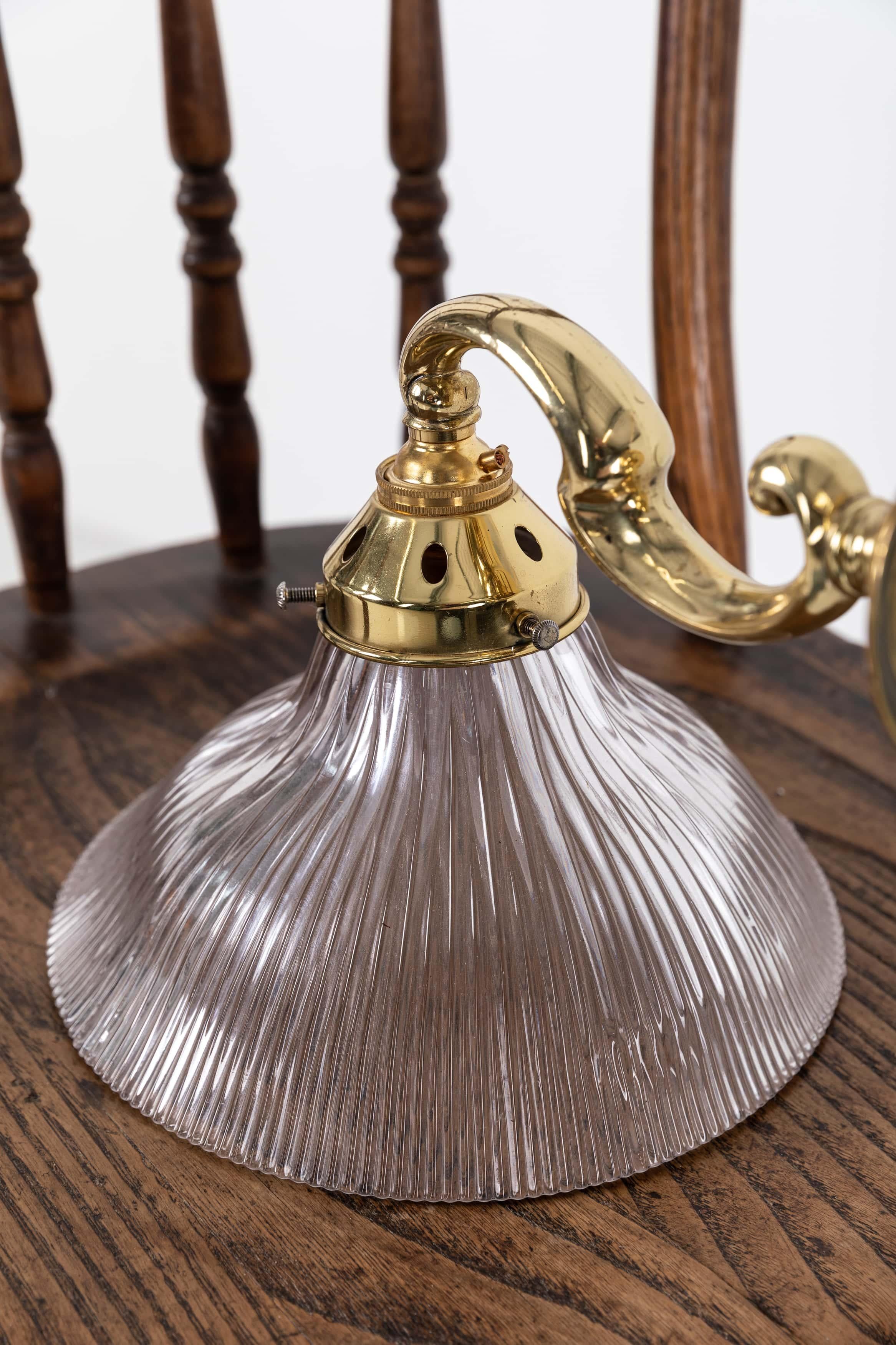 Brass Antique Holophane 'Stiletto' Elliptical Prismatic Glass Wall Lamp, c.1920