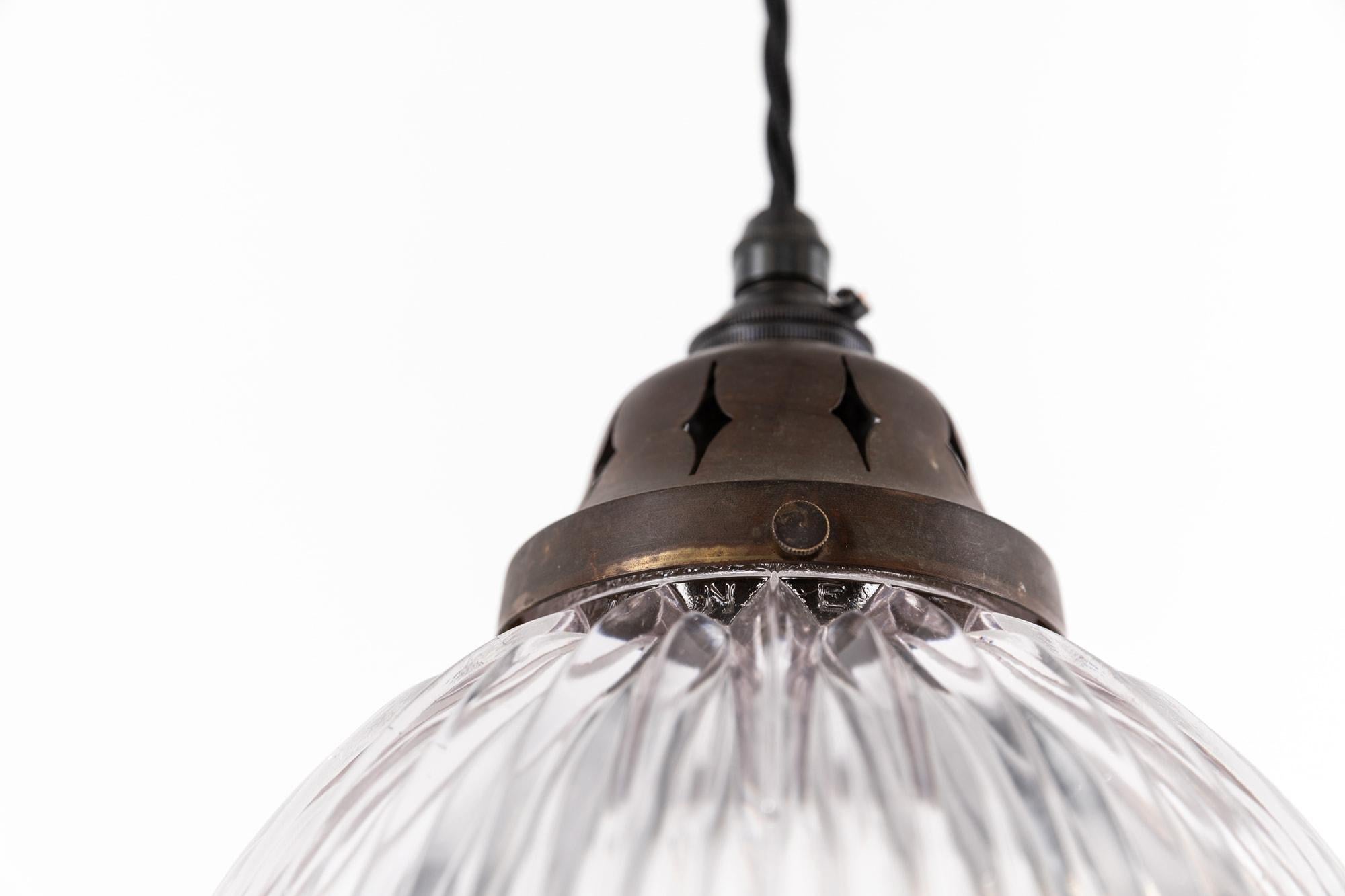 Antique Holophane Stiletto Prismatic Frilly Glass Pendant Lights. c.1930 In Fair Condition In London, GB