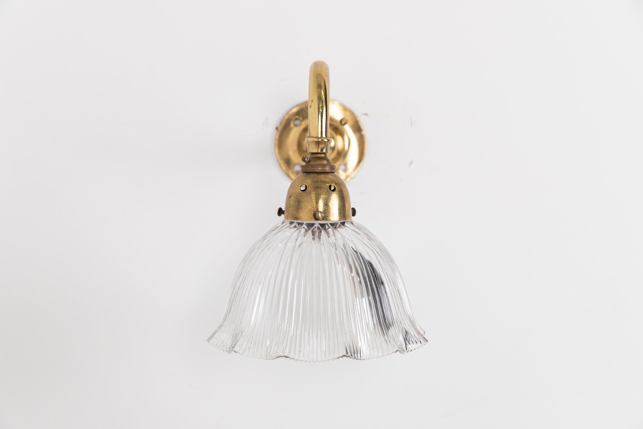 Pressed Antique Holophane 'Stiletto' Prismatic Glass Brass Swan Neck Wall Lamp, c.1920