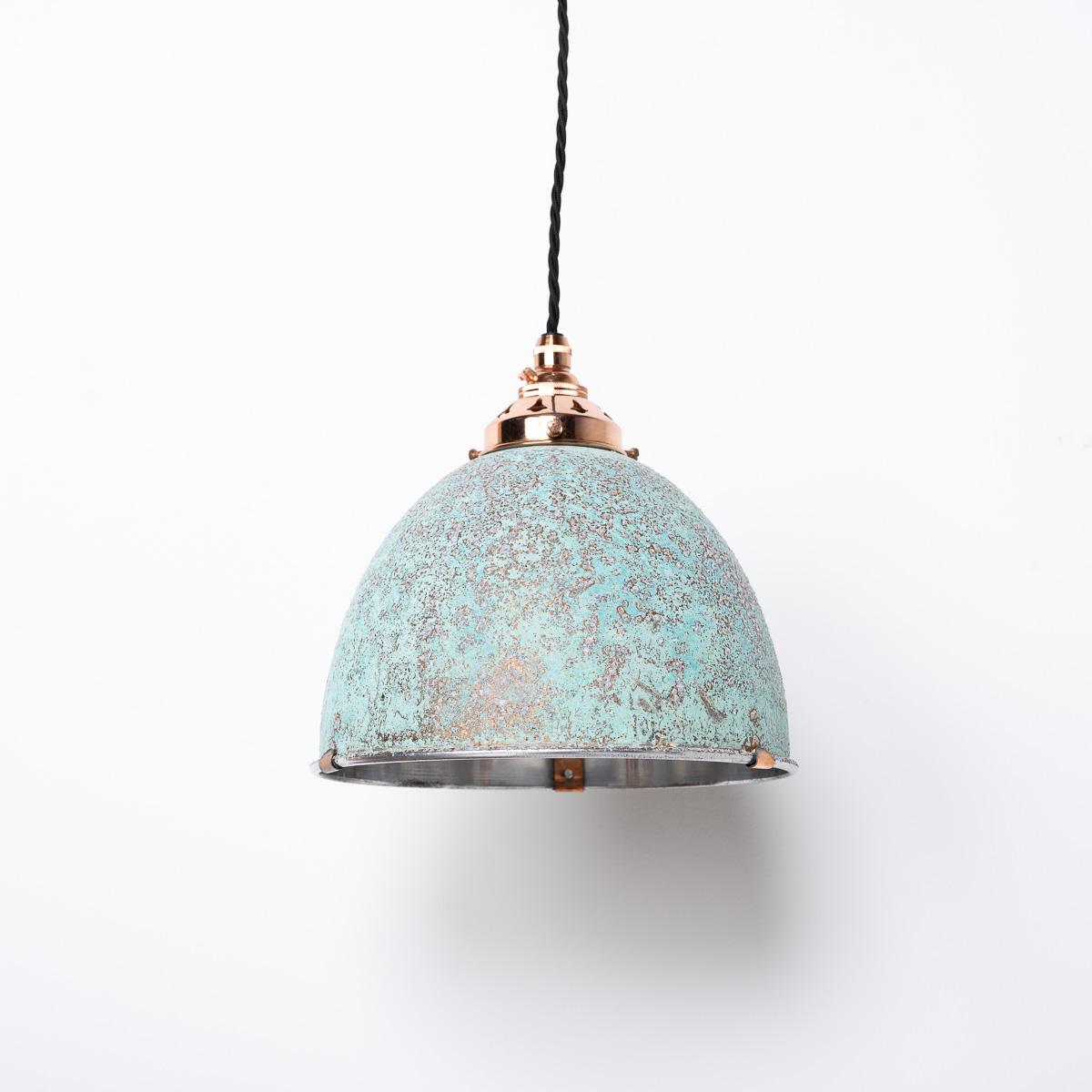 RECLAIMED HOLOPHANE VERDIGRIS PENDANT LIGHTS
A fab run of vintage Holophane spun aluminium shades with polished copper fittings.

Theses original Holophane shades have been painted on the exterior with a special copper based paint and then aged up