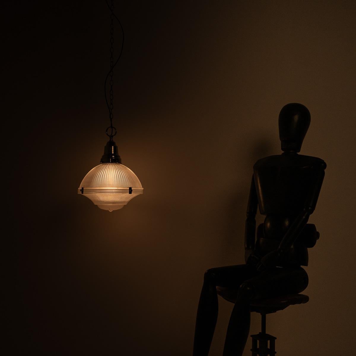 Antique Holophane Xl Three Part Pendant Light With Polished Brass Fittings 4