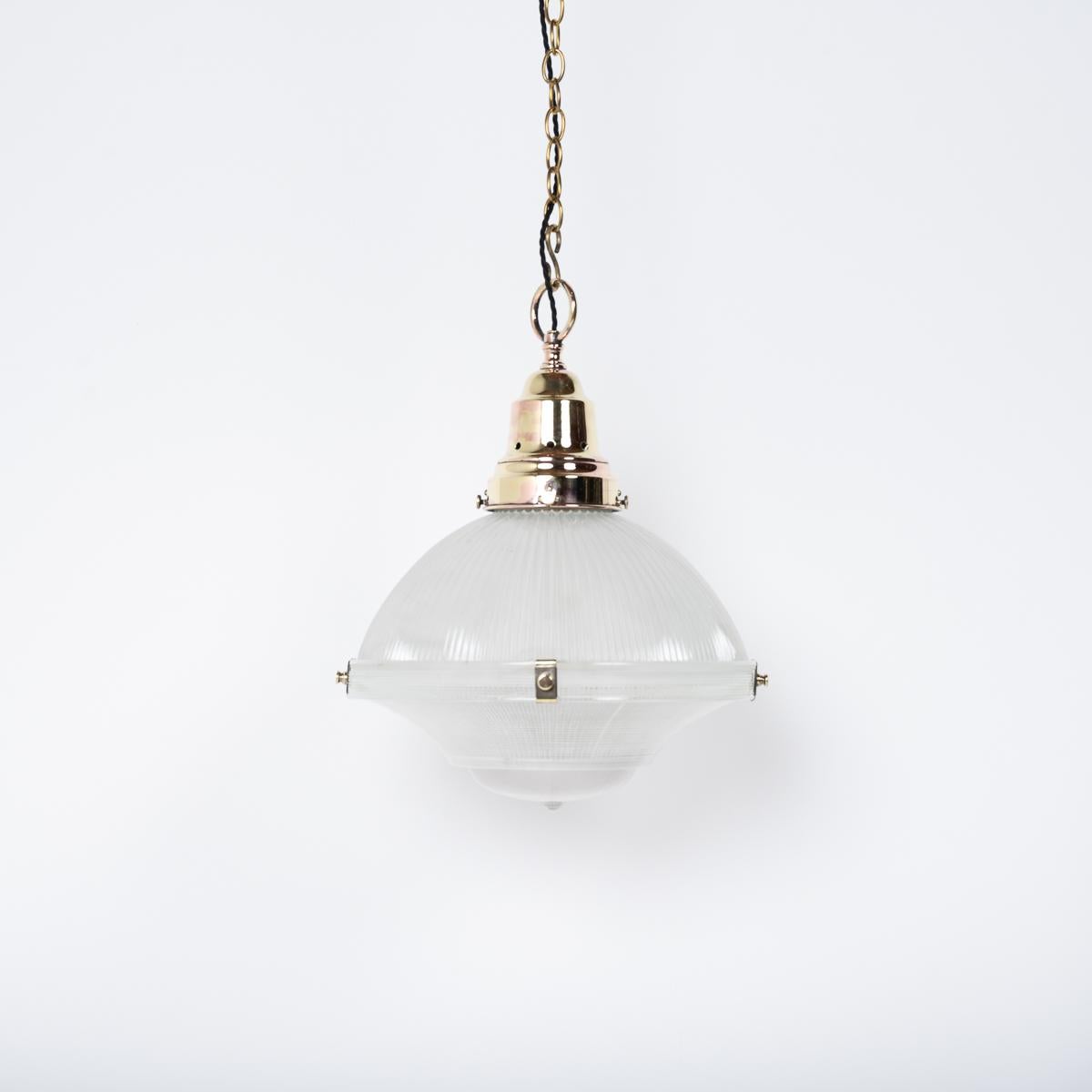 Antique Holophane Xl Three Part Pendant Light With Polished Brass Fittings 5