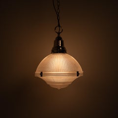 Antique Holophane Xl Three Part Pendant Light With Polished Brass Fittings