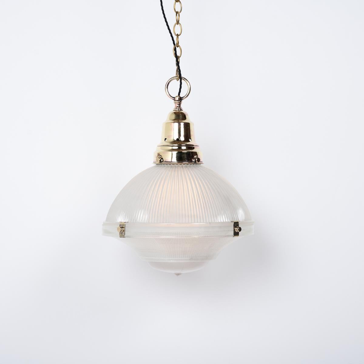 Art Deco Antique Holophane Xl Three Part Pendant Light With Polished Brass Fittings