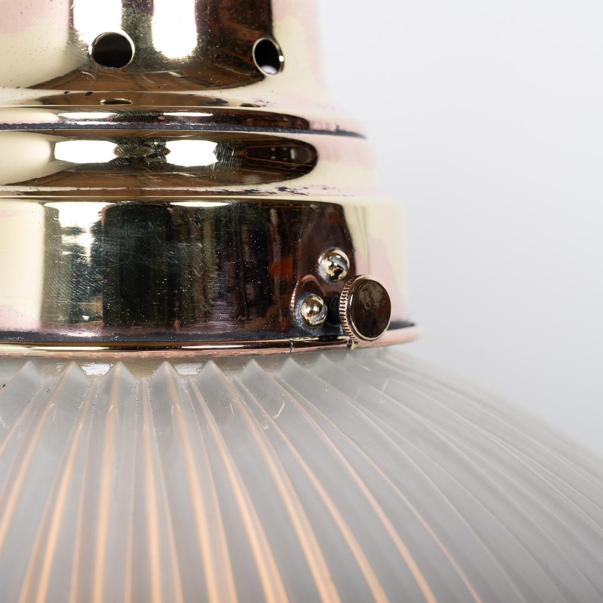 British Antique Holophane Xl Three Part Pendant Light With Polished Brass Fittings