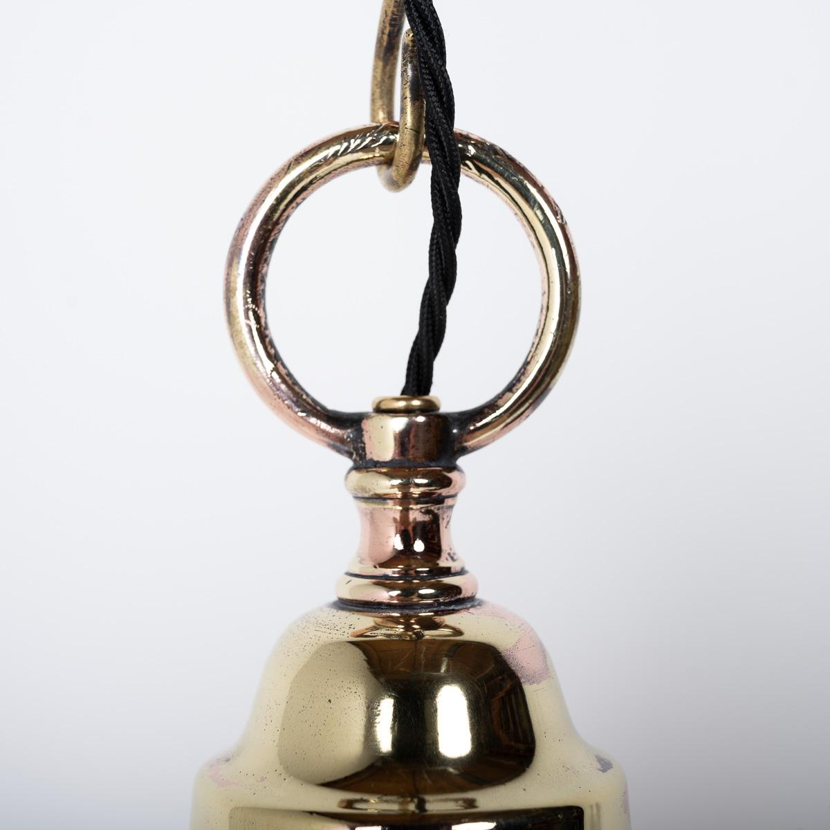 Antique Holophane Xl Three Part Pendant Light With Polished Brass Fittings In Good Condition In Nottingham, GB