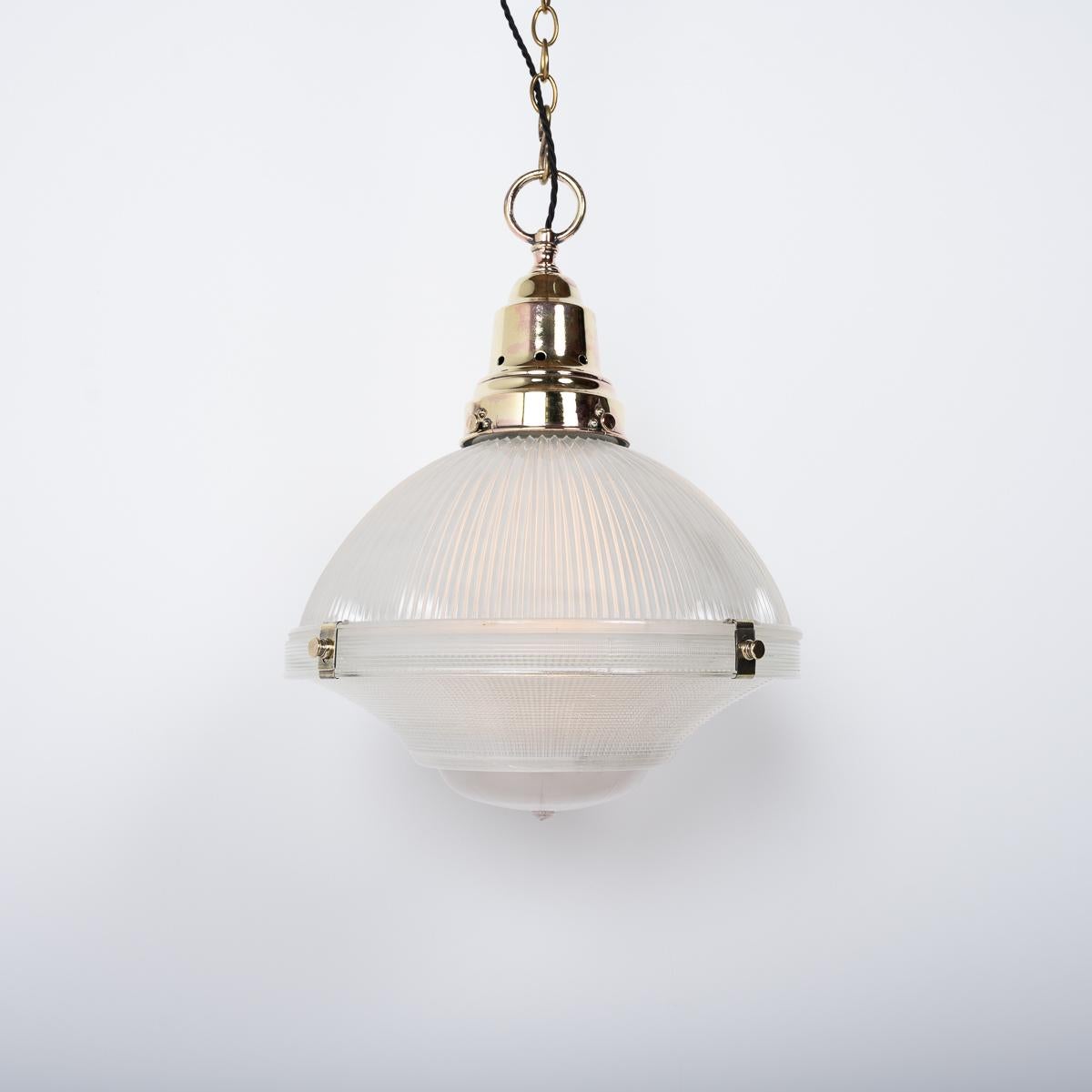 Copper Antique Holophane Xl Three Part Pendant Light With Polished Brass Fittings