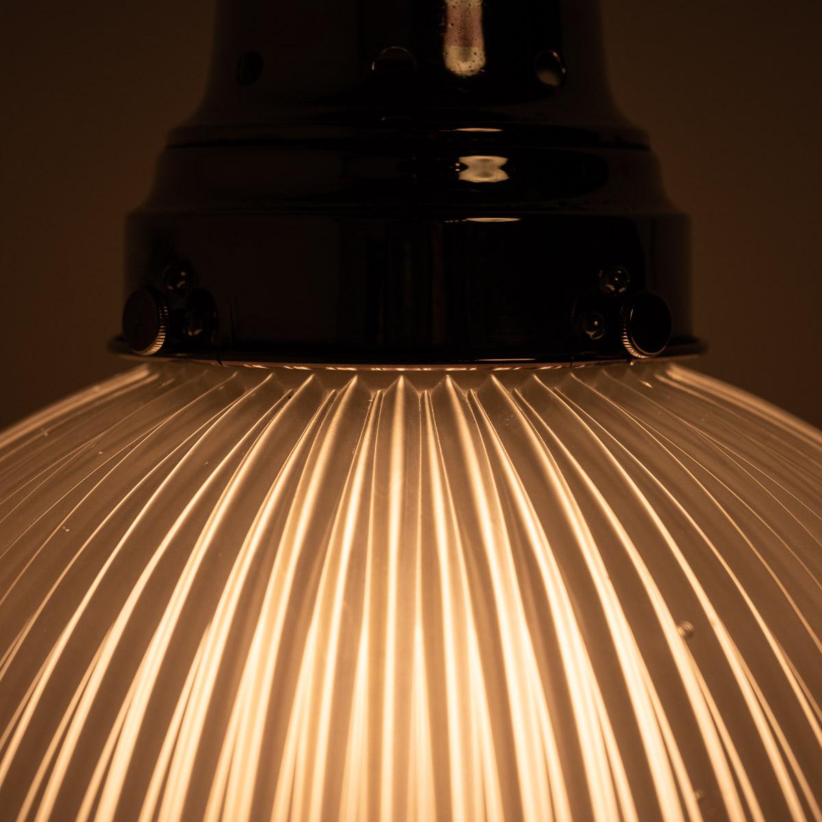 Antique Holophane Xl Three Part Pendant Light With Polished Brass Fittings 2