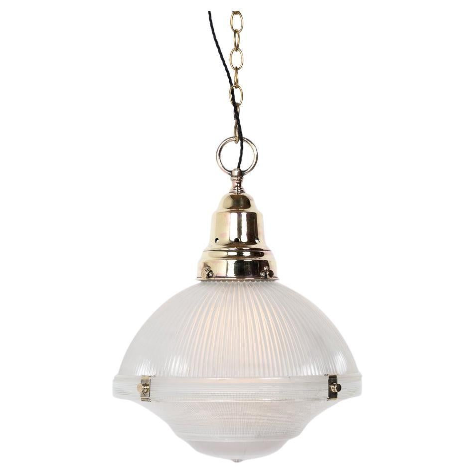 Antique Holophane Xl Three Part Pendant Light With Polished Brass Fittings