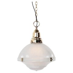 Antique Holophane Xl Three Part Pendant Light With Polished Brass Fittings