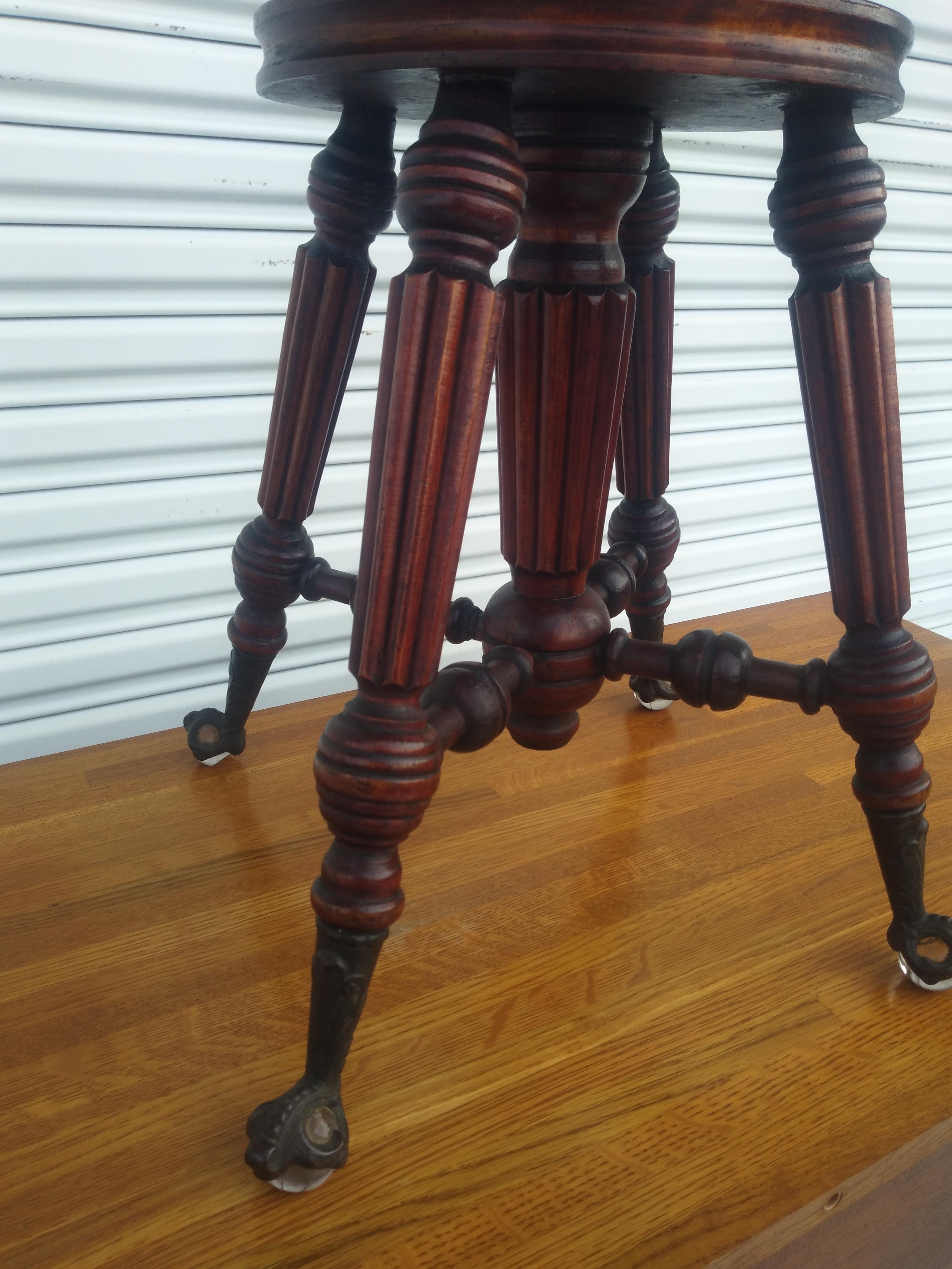 Neoclassical Antique Holtzman & Sons Swivel Adjustable Piano Stool w/ Glass Ball & Claw Feet