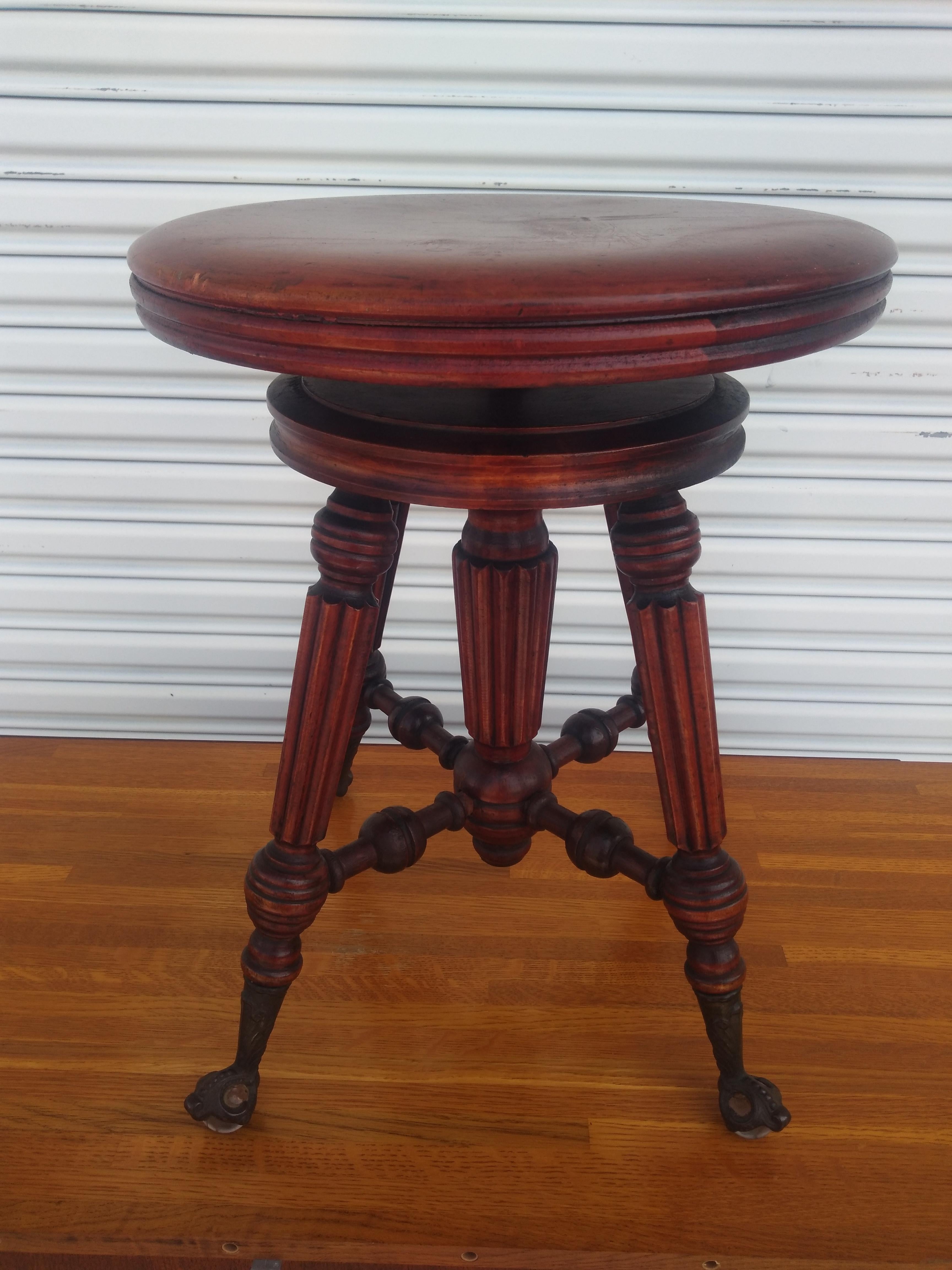 20th Century Antique Holtzman & Sons Swivel Adjustable Piano Stool w/ Glass Ball & Claw Feet