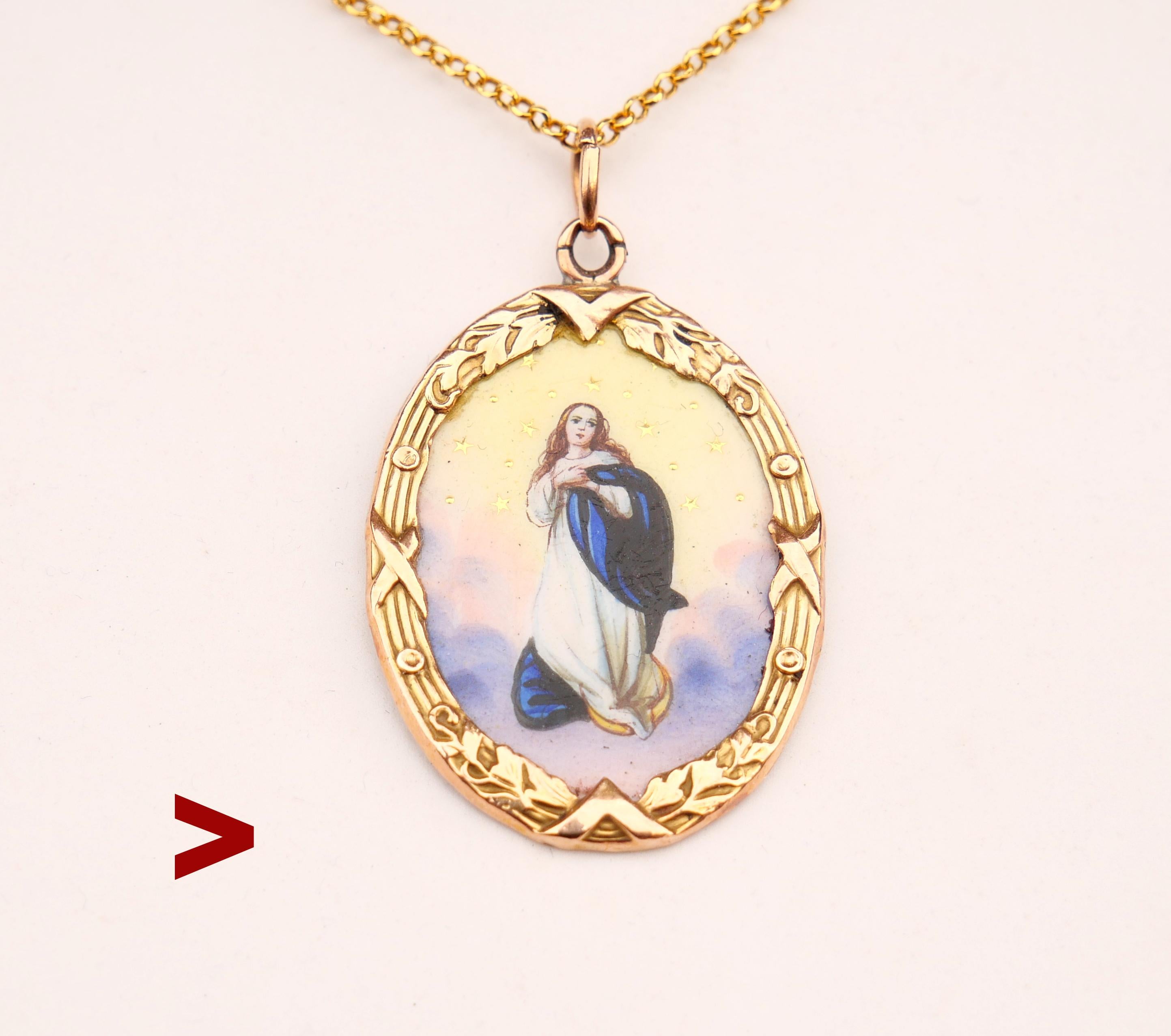 Miniature Catholic hand painted enamel image of Holy Maria Immaculate .

One the reverse printed : Sancta Maria immaculata ora pro nobis / Holy Maria pray for us .

Likely custom made Hungarian or Austrian, ca. 1930s . No hallmarks, metal of frame