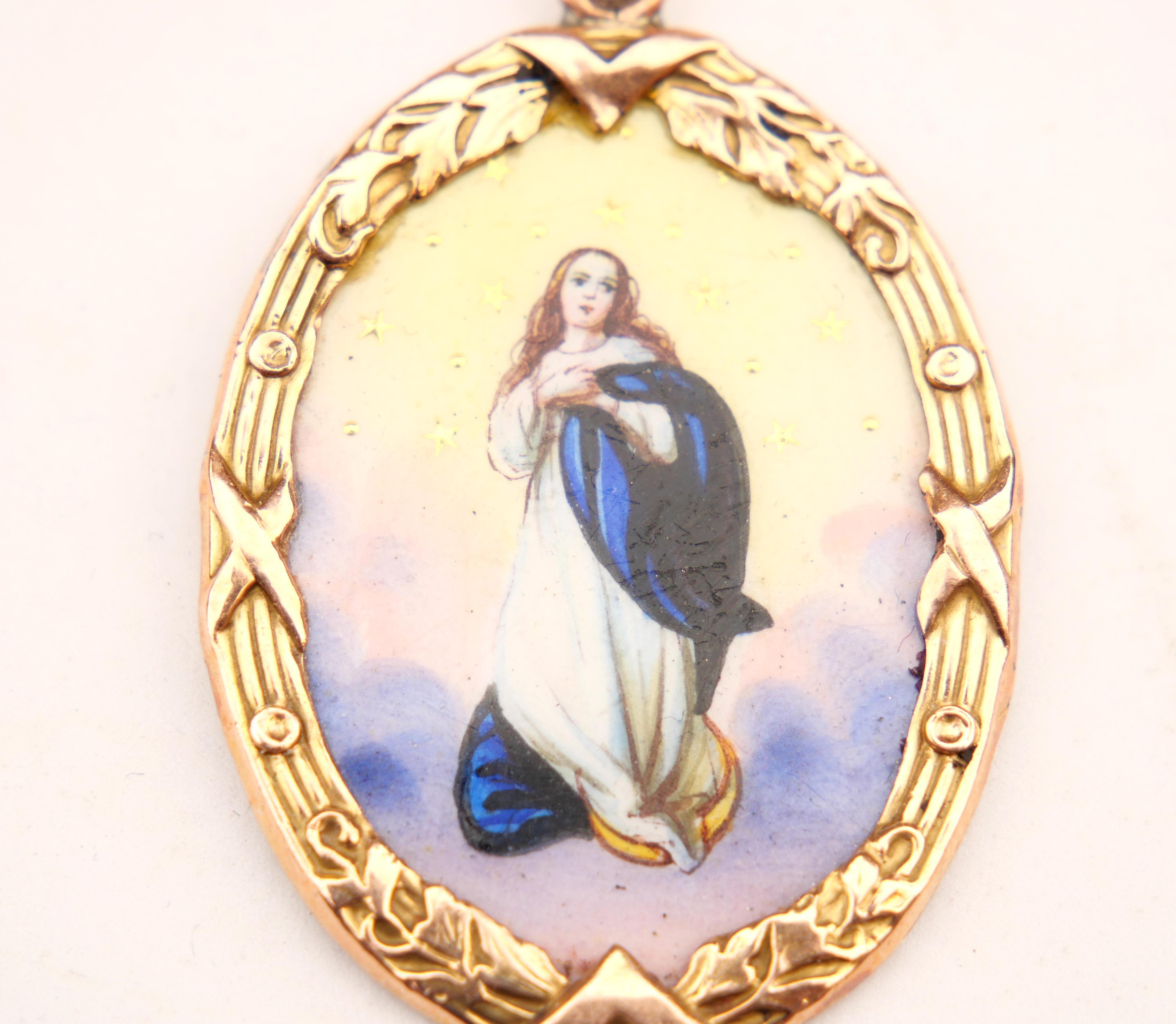 Art Deco Antique Holy Maria Mary Immaculate Pendant Enamel Solid 14K Gold / 7.7 gr For Sale